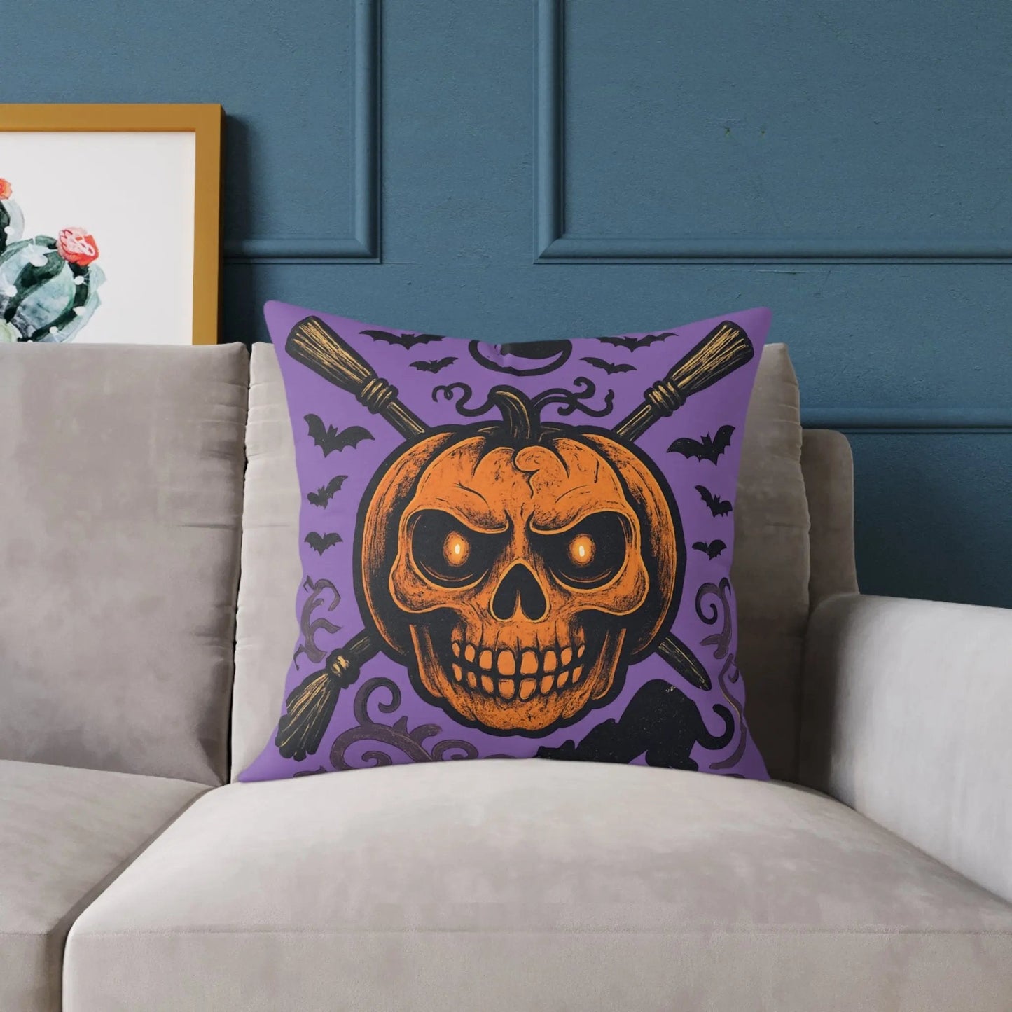Halloween Skull & Pumpkin Pillow, Spooky Home Decor, Gothic Throw Pillow, Seasonal Accent Cushion, Trick or Treat Gift - FloofChonk