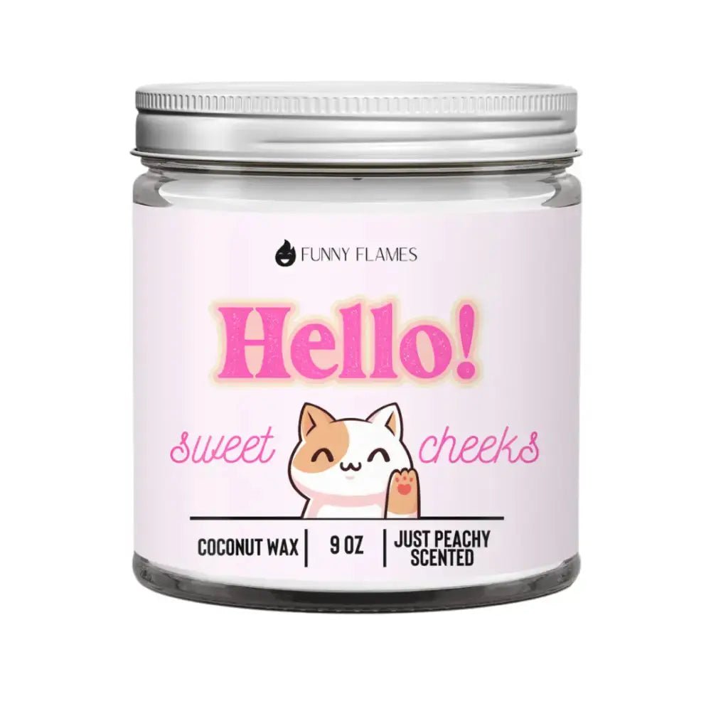 Hello Sweet Cheeks (Funny Cat) Peach Funny Candle - FloofChonk