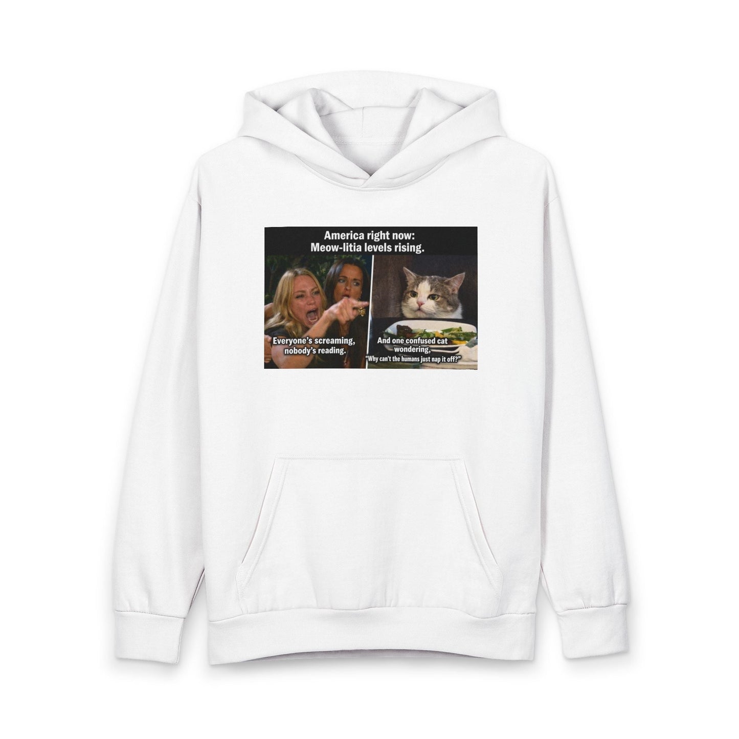 Hoodie - Meme Cat 'America Right Now: Meow - ritas Levels Rising' Pullover - FloofChonk