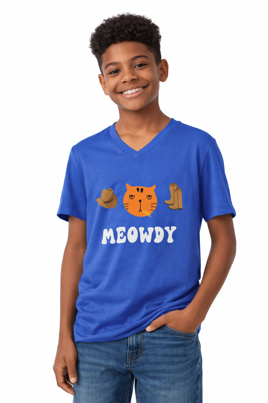 Howdy Cat V - Neck Tee, Cute Cat Graphic Tee - FloofChonk