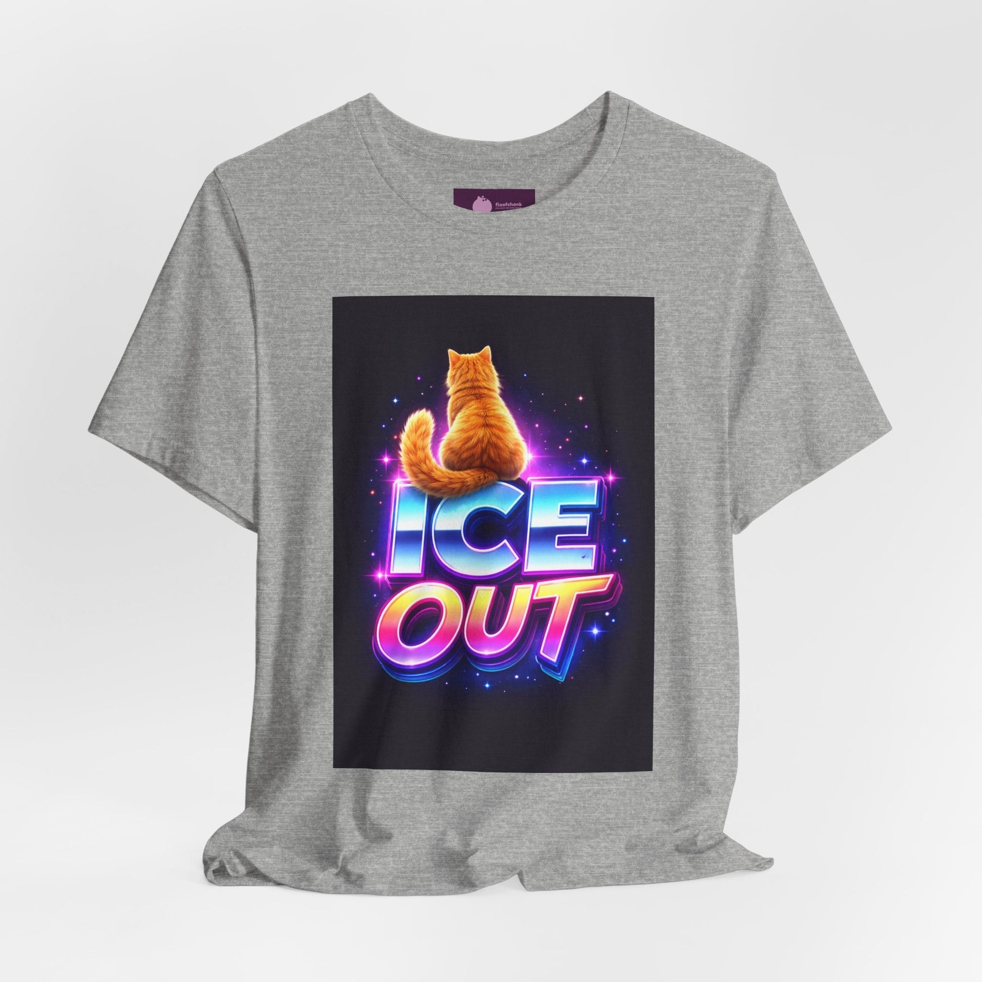 Ice Out Cat T‑Shirt — Retro Neon Graphic Tee with Cat & "ICE OUT" Design - FloofChonk