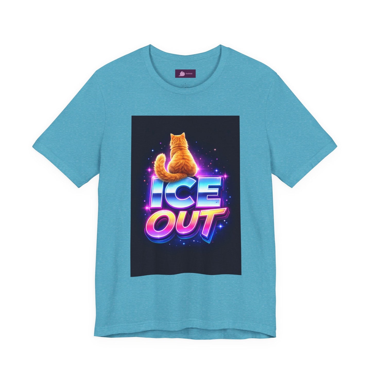 Ice Out Cat T‑Shirt — Retro Neon Graphic Tee with Cat & "ICE OUT" Design - FloofChonk