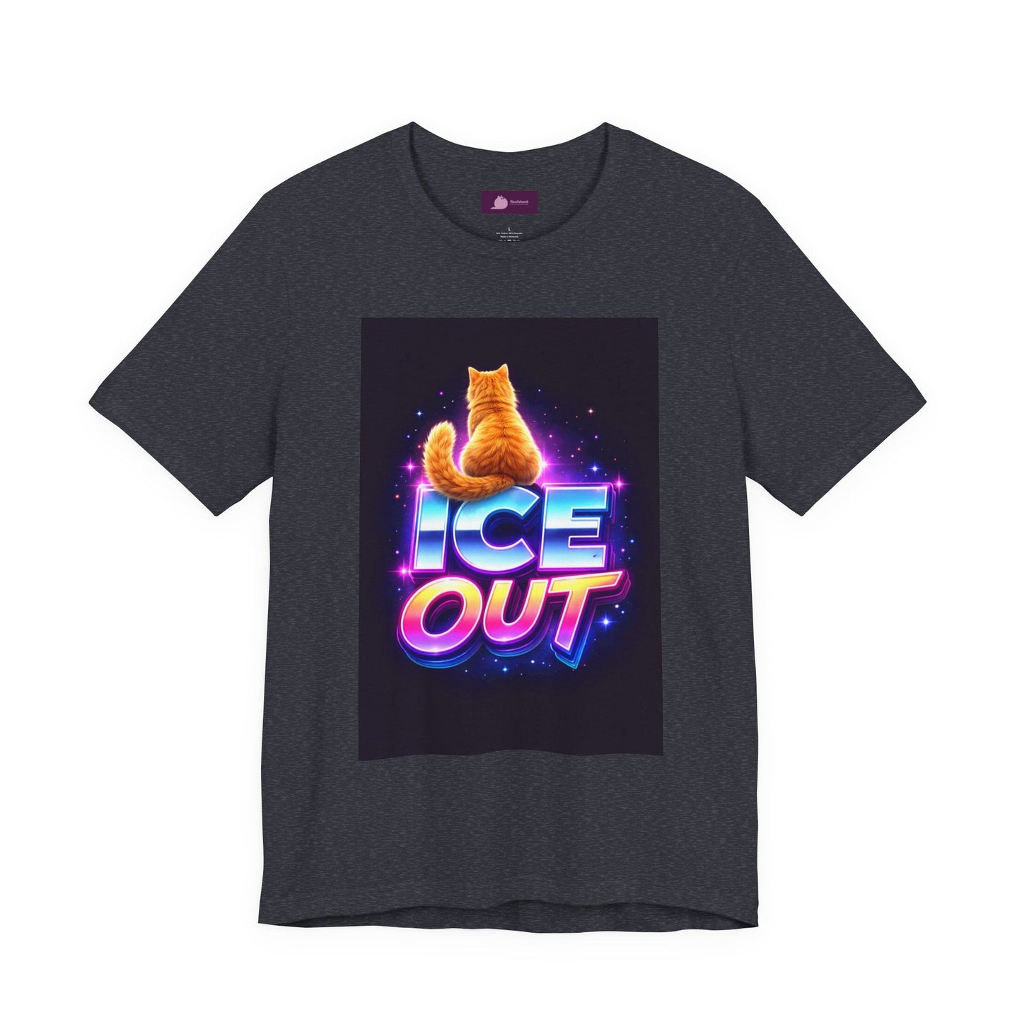 Ice Out Cat T‑Shirt — Retro Neon Graphic Tee with Cat & "ICE OUT" Design - FloofChonk
