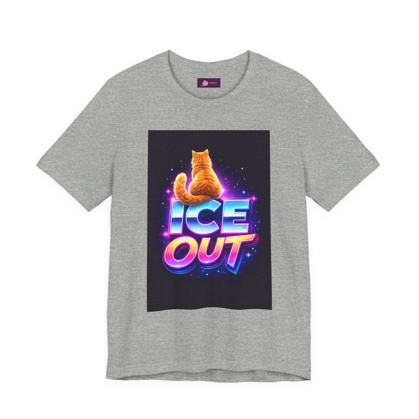 Ice Out Cat T‑Shirt — Retro Neon Graphic Tee with Cat & "ICE OUT" Design - FloofChonk
