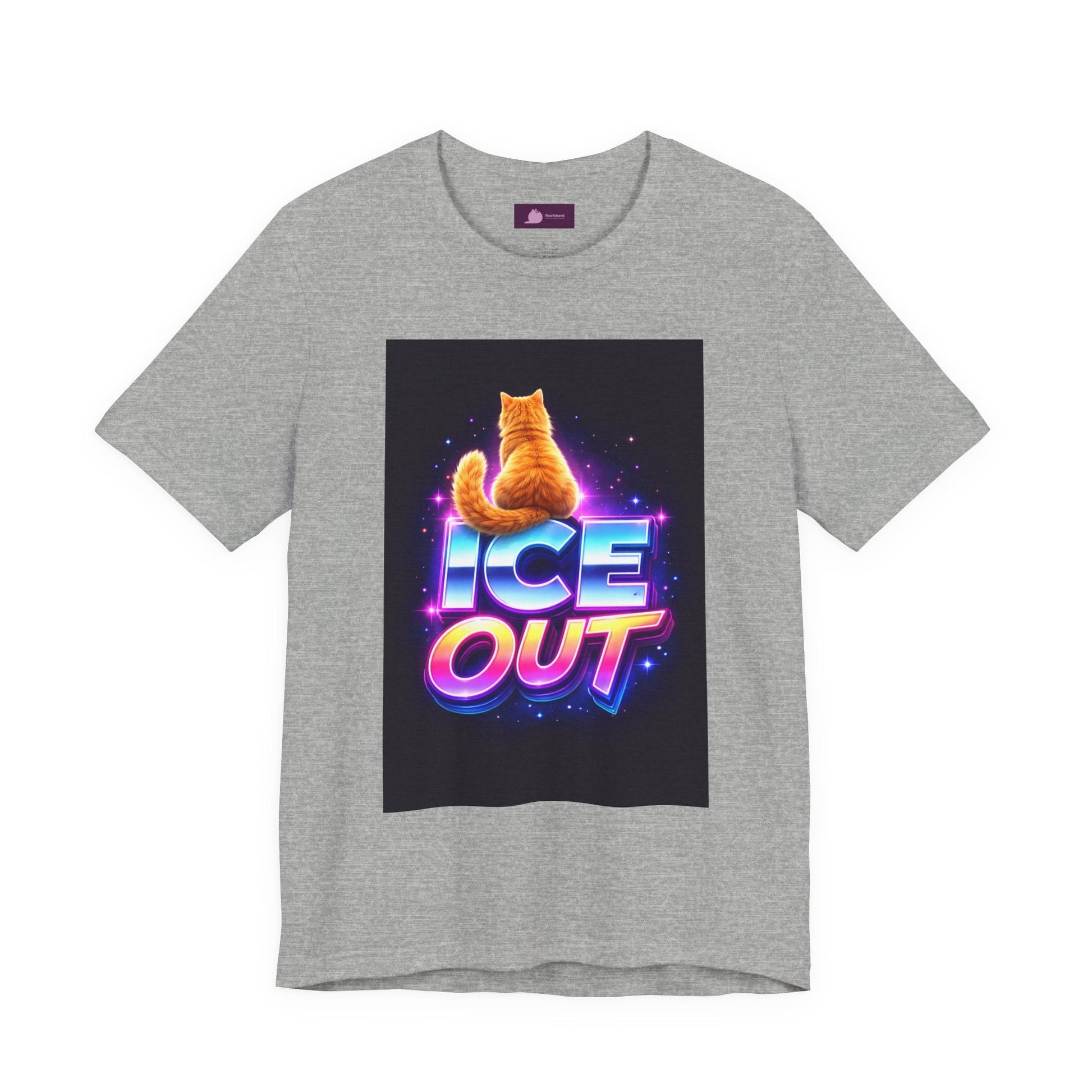 Ice Out Cat T‑Shirt — Retro Neon Graphic Tee with Cat & "ICE OUT" Design - FloofChonk