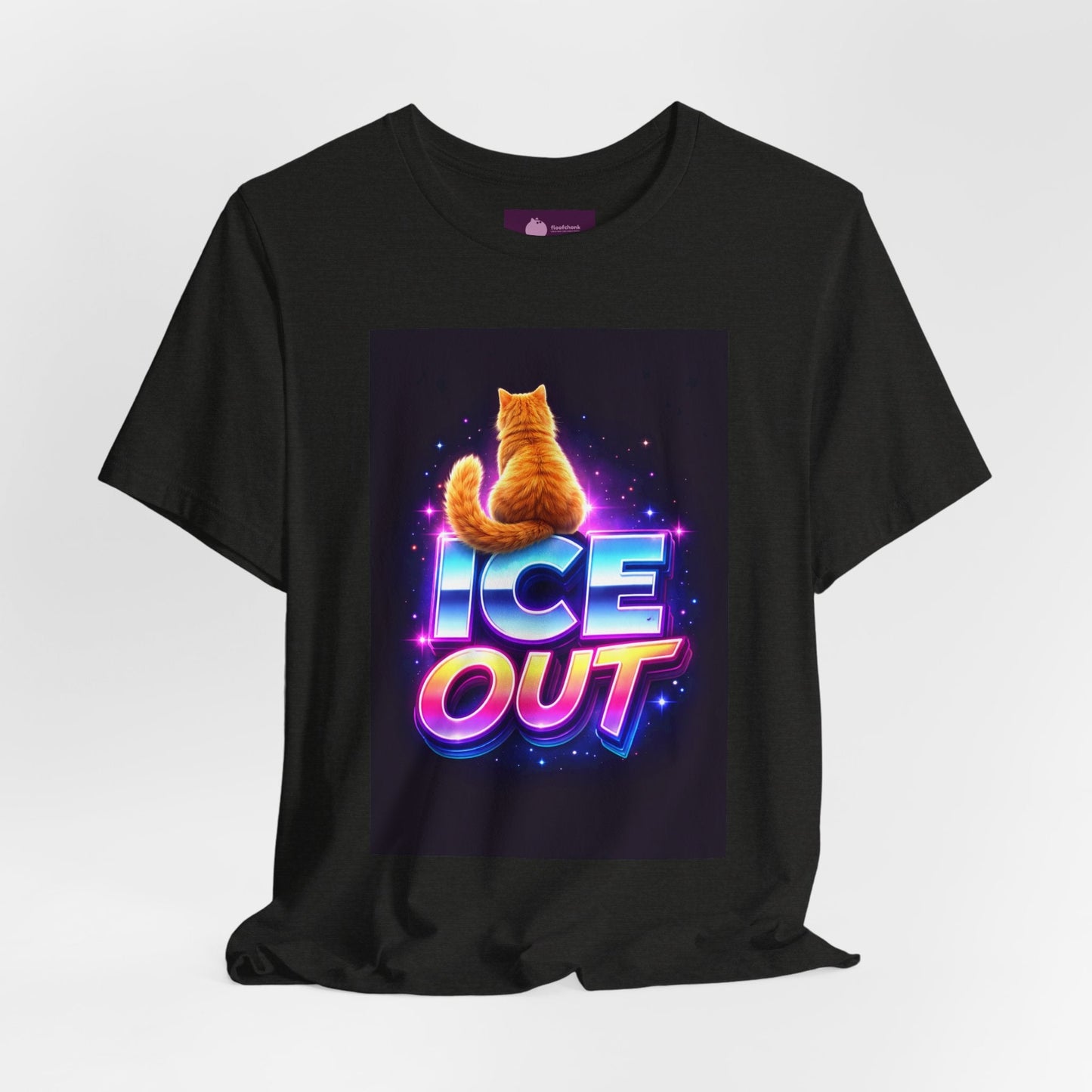 Ice Out Cat T‑Shirt — Retro Neon Graphic Tee with Cat & "ICE OUT" Design - FloofChonk
