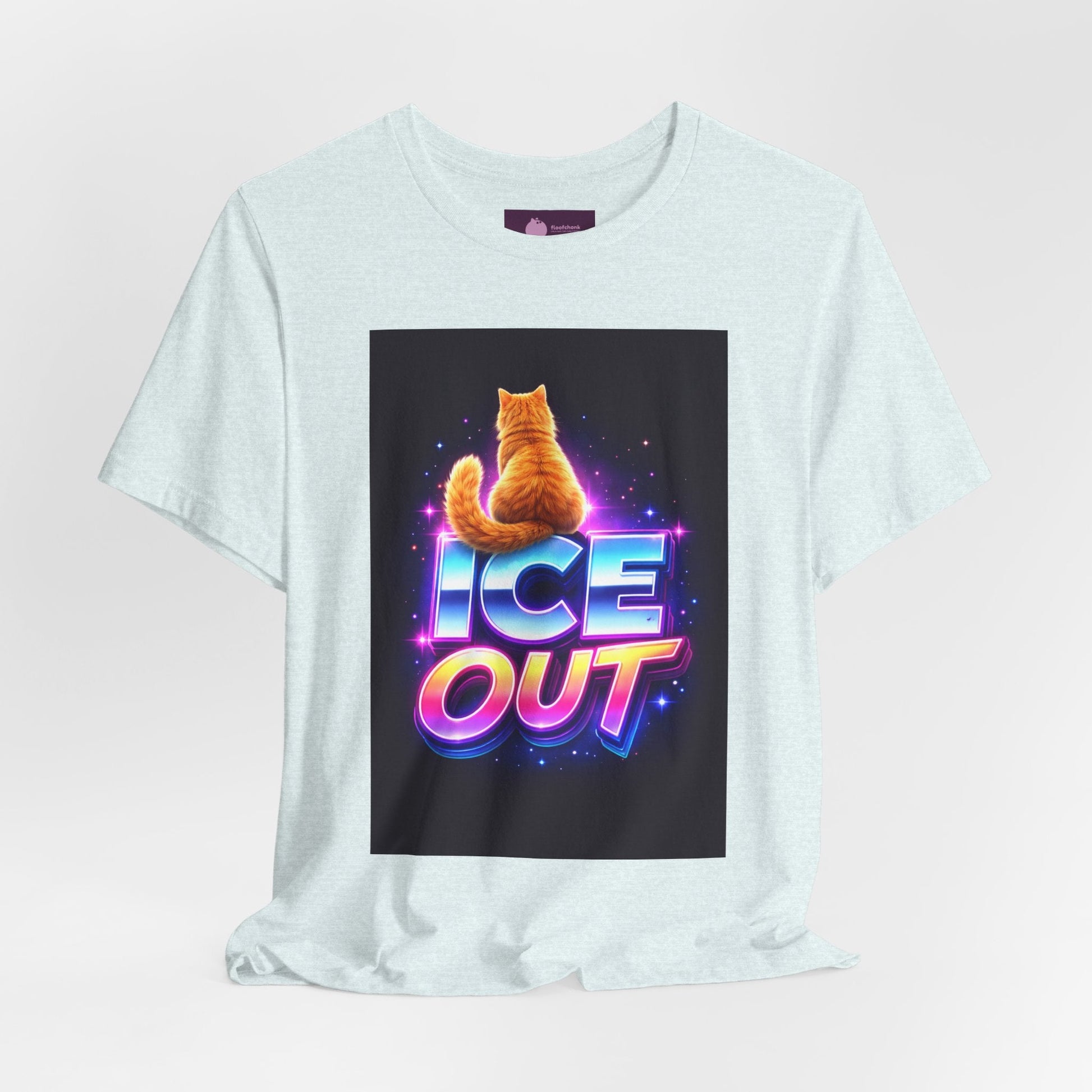 Ice Out Cat T‑Shirt — Retro Neon Graphic Tee with Cat & "ICE OUT" Design - FloofChonk