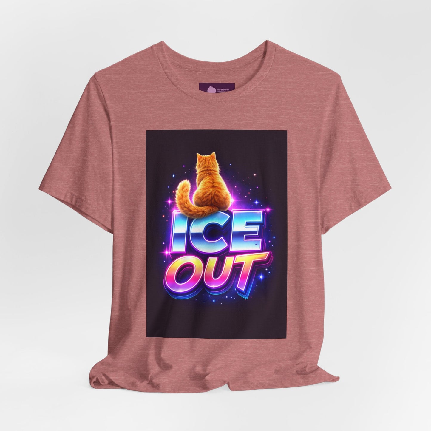 Ice Out Cat T‑Shirt — Retro Neon Graphic Tee with Cat & "ICE OUT" Design - FloofChonk