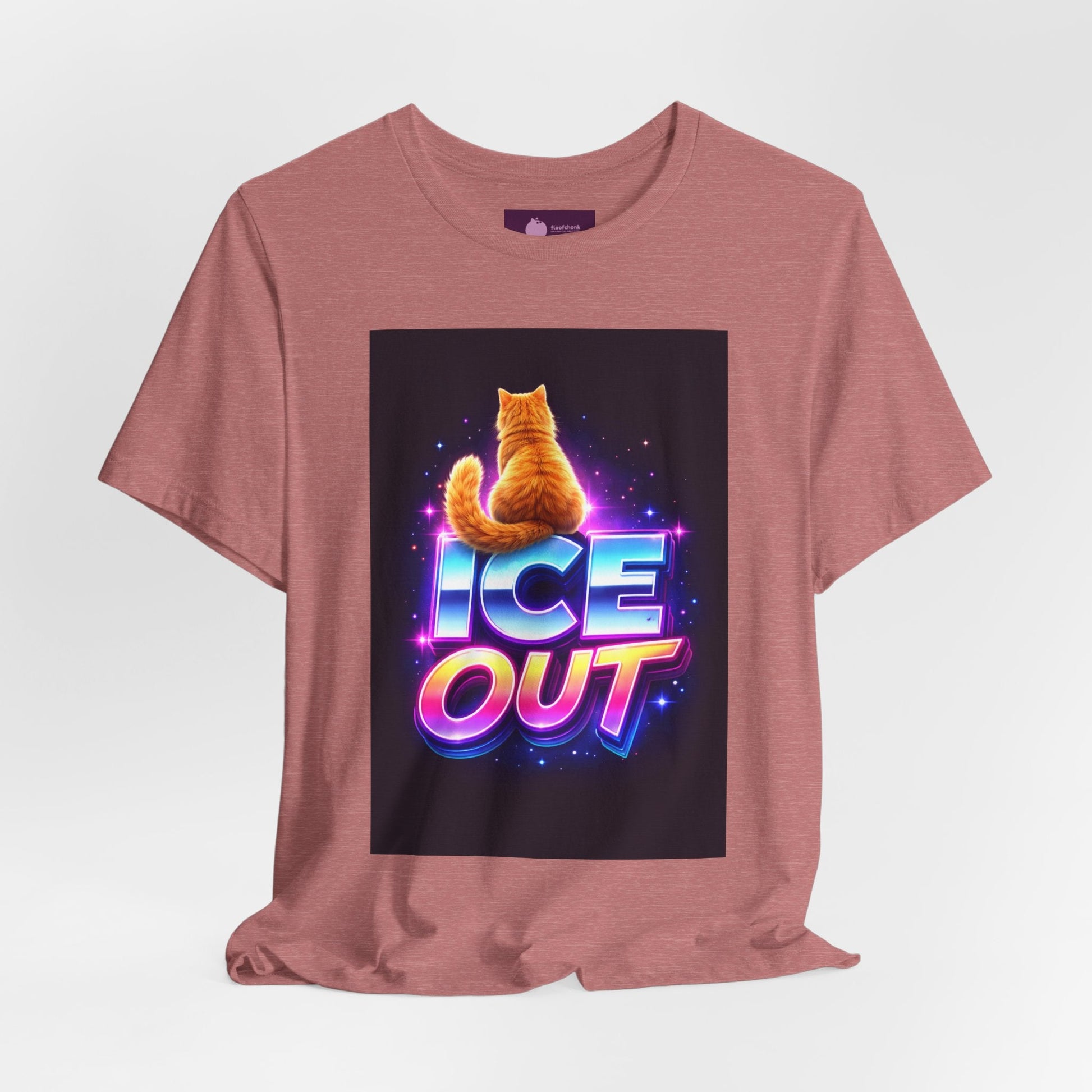 Ice Out Cat T‑Shirt — Retro Neon Graphic Tee with Cat & "ICE OUT" Design - FloofChonk