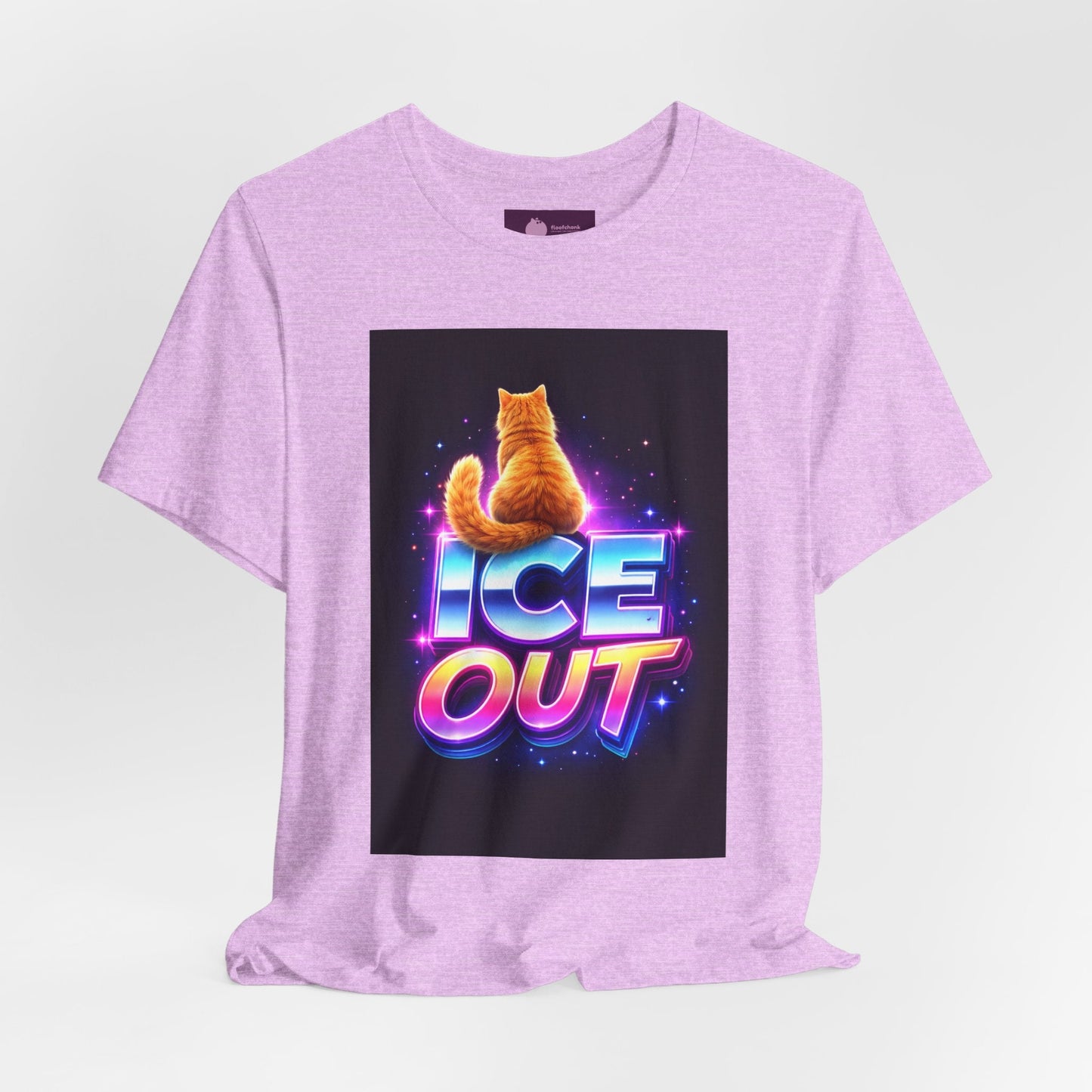 Ice Out Cat T‑Shirt — Retro Neon Graphic Tee with Cat & "ICE OUT" Design - FloofChonk