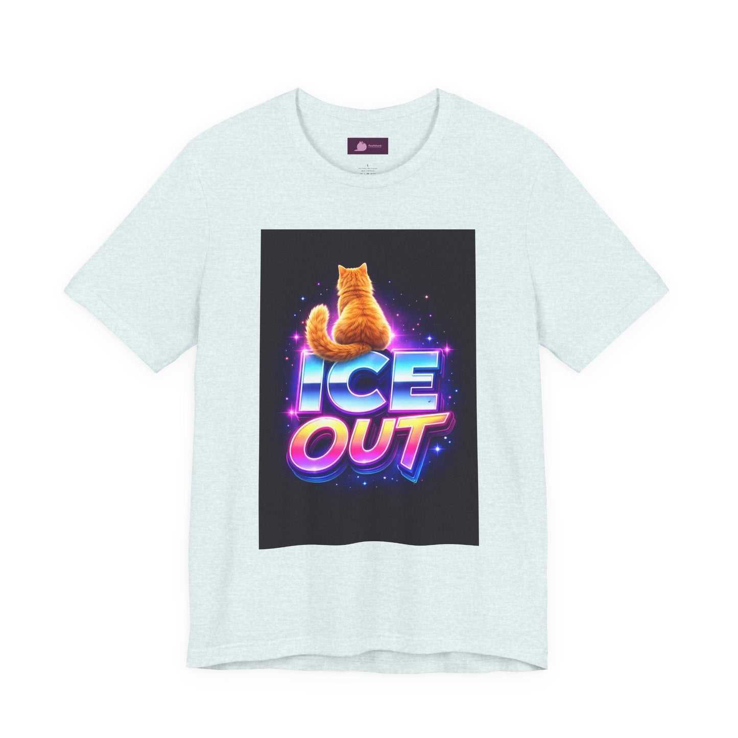 Ice Out Cat T‑Shirt — Retro Neon Graphic Tee with Cat & "ICE OUT" Design - FloofChonk