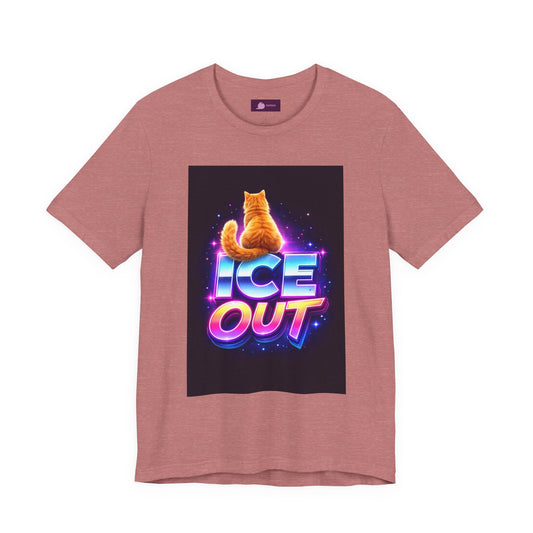 Ice Out Cat T‑Shirt — Retro Neon Graphic Tee with Cat & "ICE OUT" Design - FloofChonk