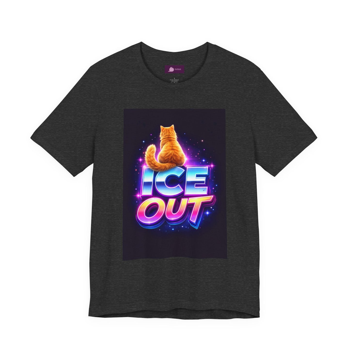 Ice Out Cat T‑Shirt — Retro Neon Graphic Tee with Cat & "ICE OUT" Design - FloofChonk