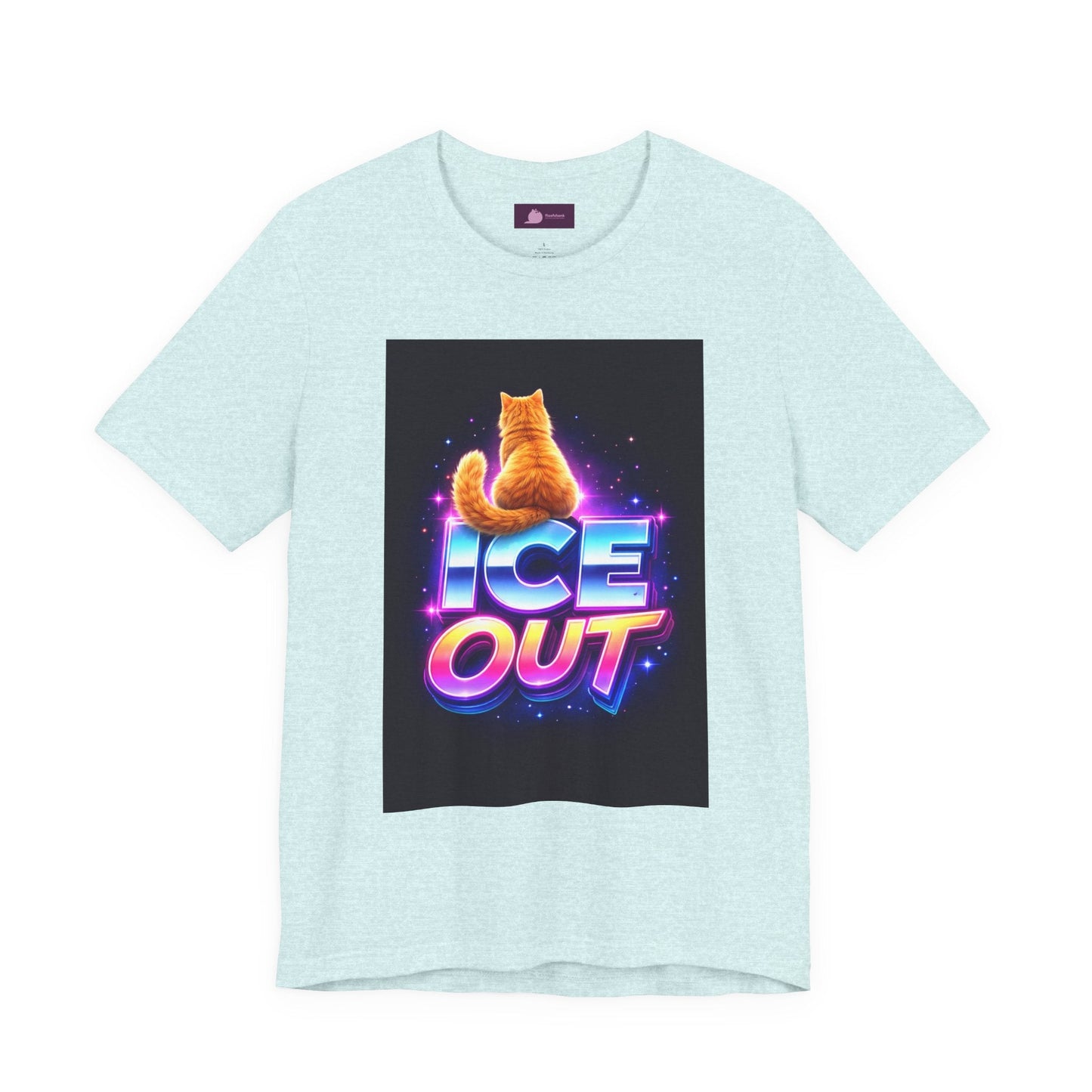 Ice Out Cat T‑Shirt — Retro Neon Graphic Tee with Cat & "ICE OUT" Design - FloofChonk