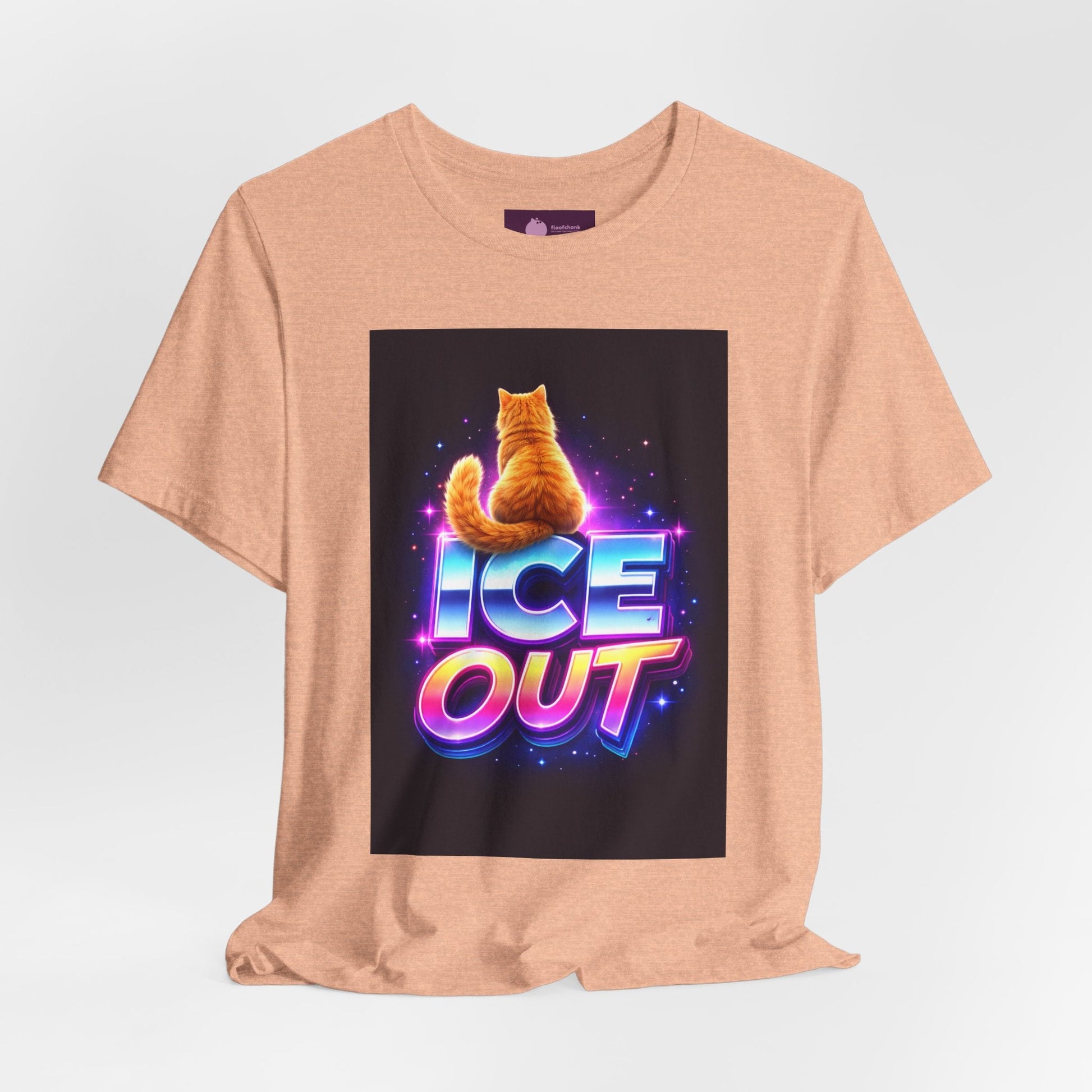 Ice Out Cat T‑Shirt — Retro Neon Graphic Tee with Cat & "ICE OUT" Design - FloofChonk