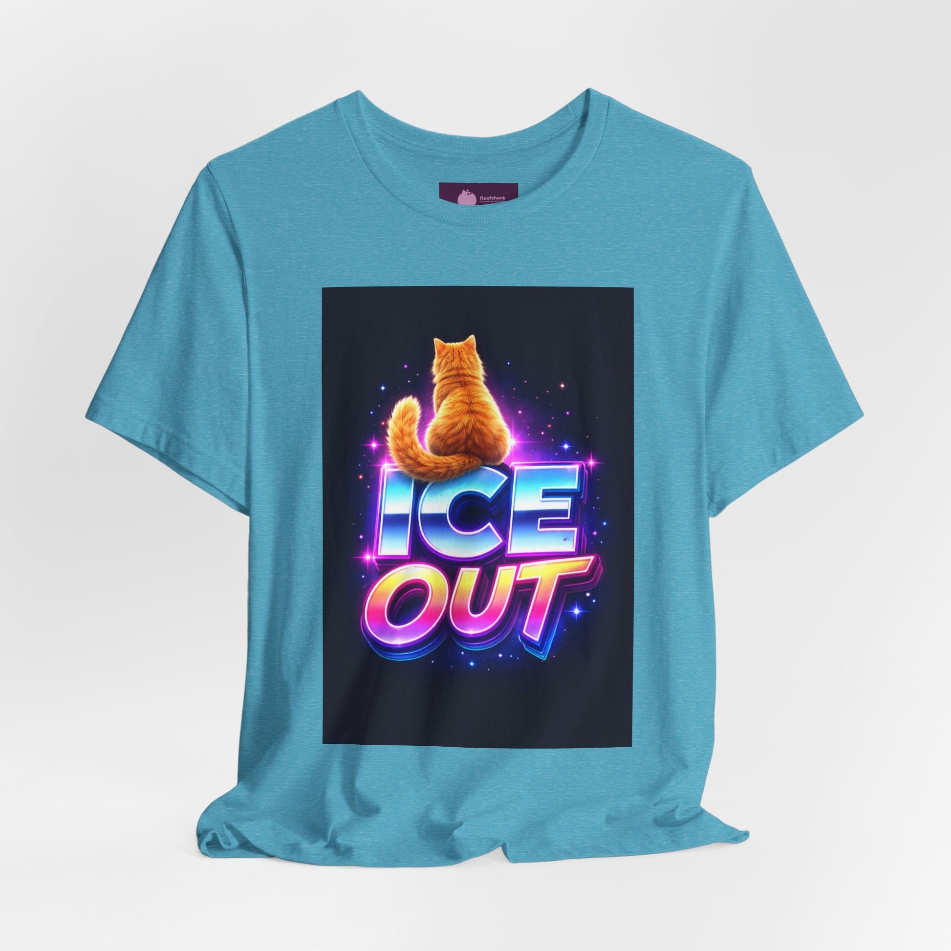 Ice Out Cat T‑Shirt — Retro Neon Graphic Tee with Cat & "ICE OUT" Design - FloofChonk