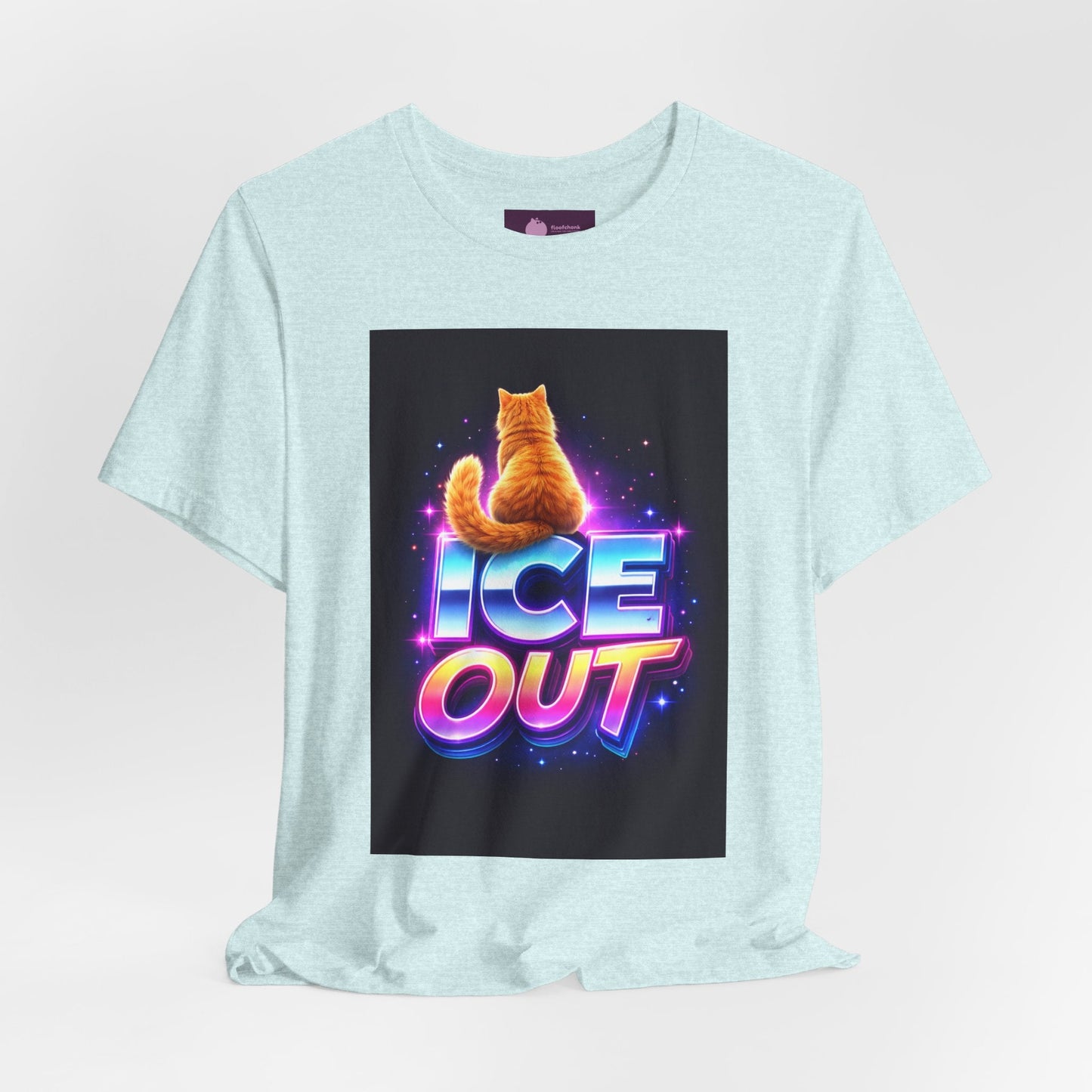Ice Out Cat T‑Shirt — Retro Neon Graphic Tee with Cat & "ICE OUT" Design - FloofChonk