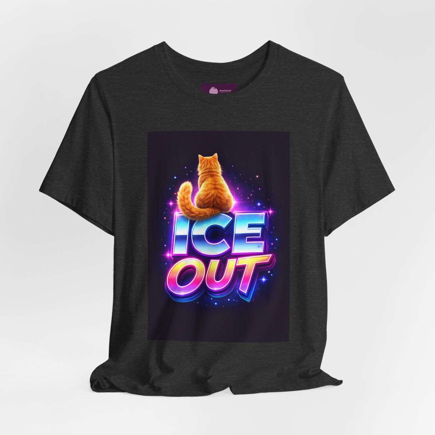 Ice Out Cat T‑Shirt — Retro Neon Graphic Tee with Cat & "ICE OUT" Design - FloofChonk