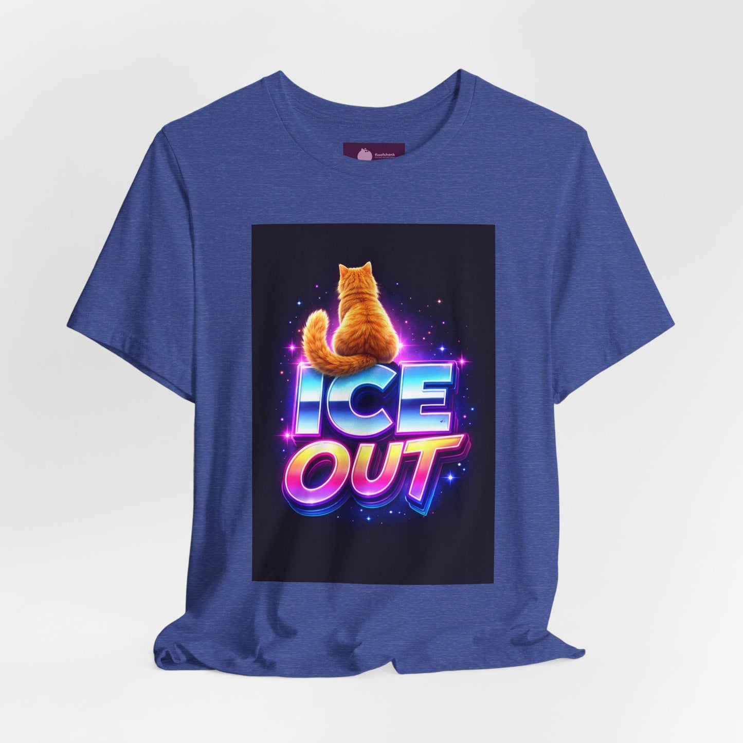 Ice Out Cat T‑Shirt — Retro Neon Graphic Tee with Cat & "ICE OUT" Design - FloofChonk