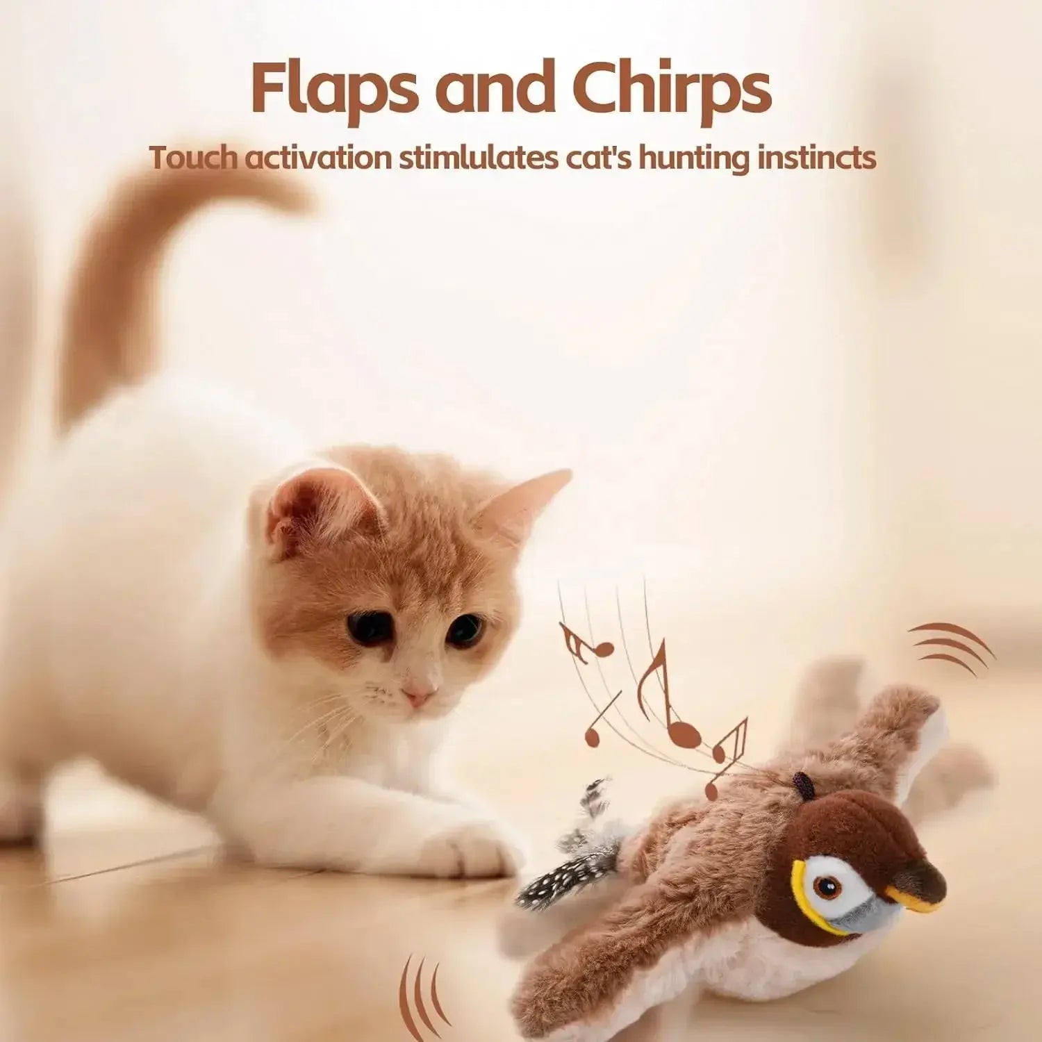Interactive Cat Toys, Rechargeable Chirping Flapping Bird(no Flying) with Catnip for Indoor Cats, Touch Activated Plush Toys - FloofChonk