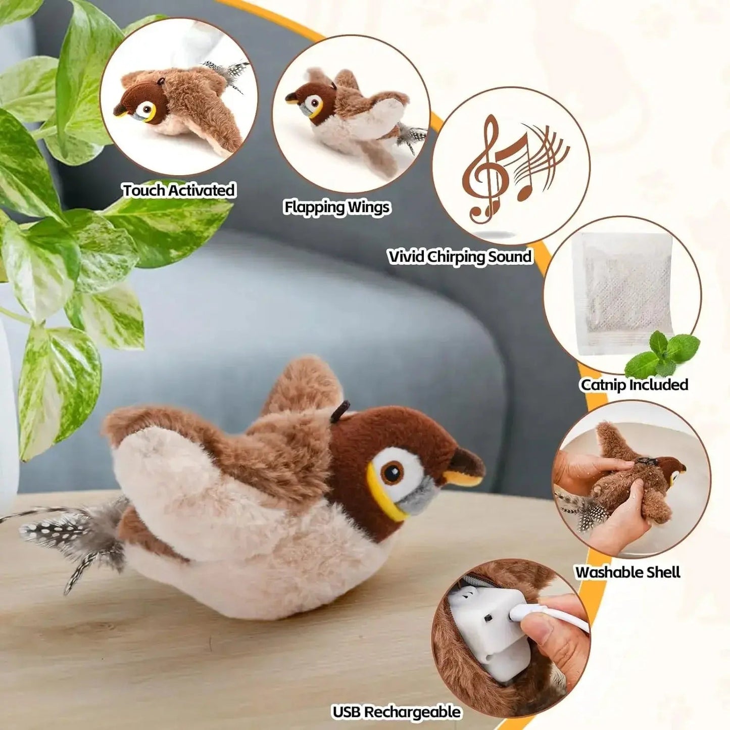 Interactive Cat Toys, Rechargeable Chirping Flapping Bird(no Flying) with Catnip for Indoor Cats, Touch Activated Plush Toys - FloofChonk