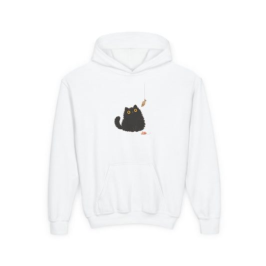 Kids Cute Black Cat Hoodie – Playful Kitty with Feather Graphic - FloofChonk
