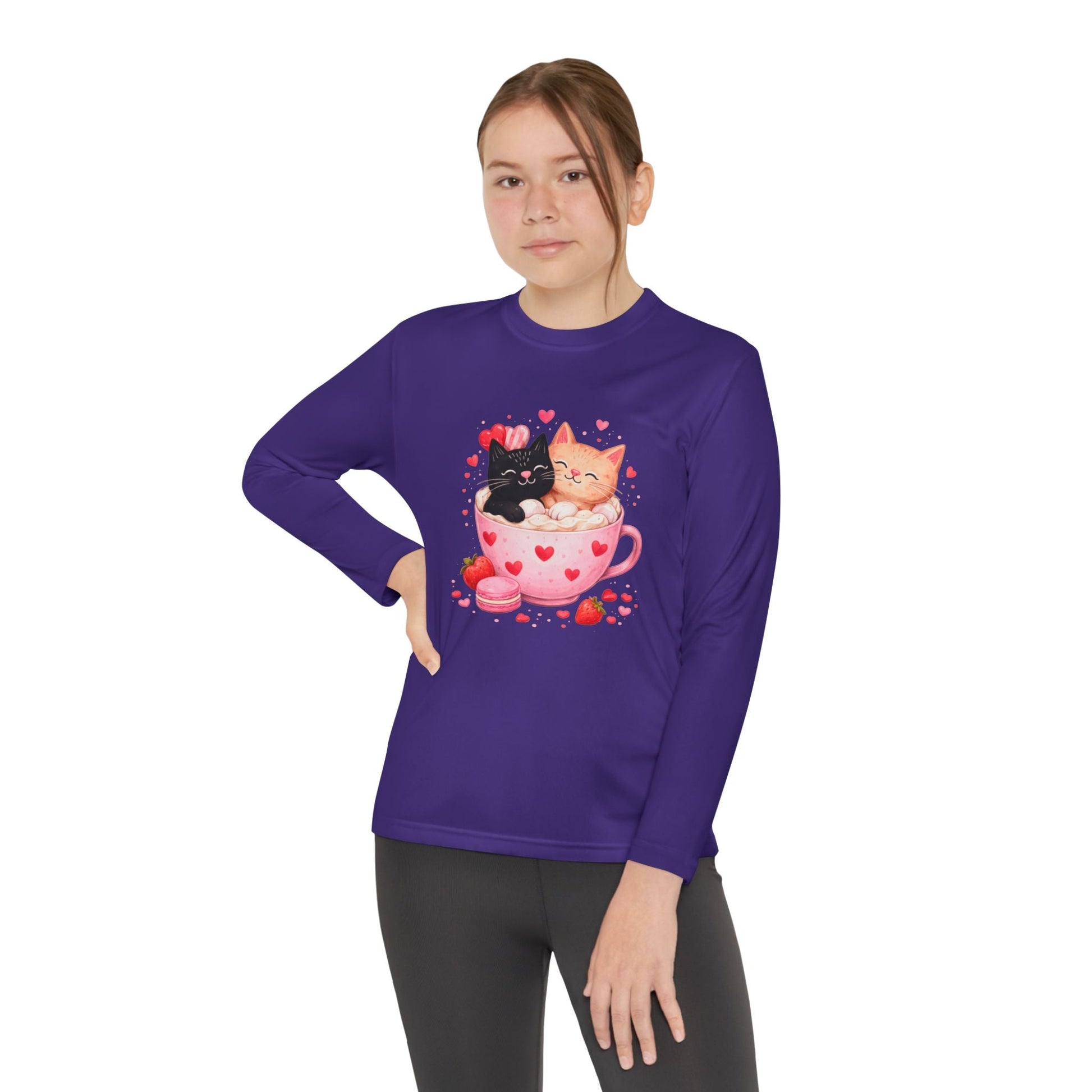Kids Long Sleeve Tee — Cute Kittens in Heart Teacup Valentine Shirt - FloofChonk