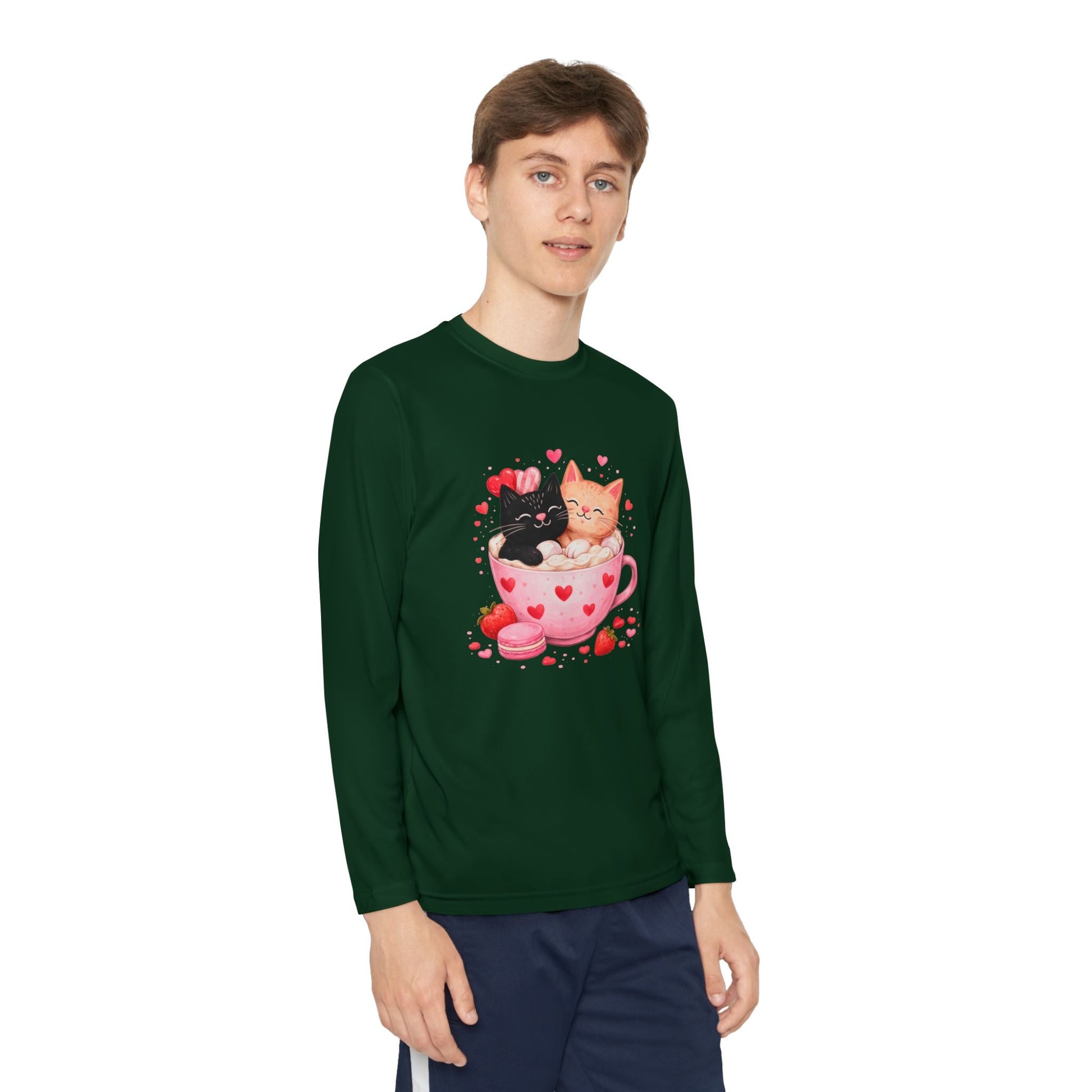 Kids Long Sleeve Tee — Cute Kittens in Heart Teacup Valentine Shirt - FloofChonk
