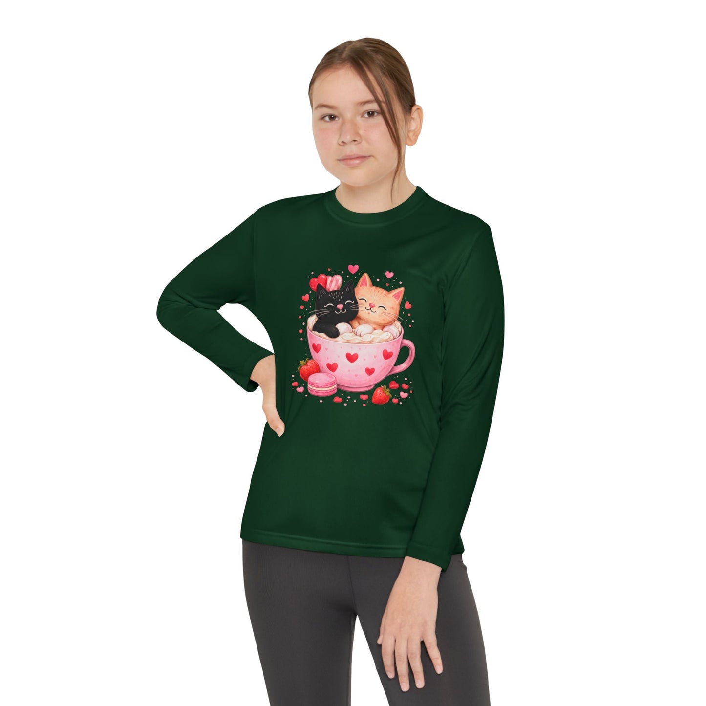 Kids Long Sleeve Tee — Cute Kittens in Heart Teacup Valentine Shirt - FloofChonk