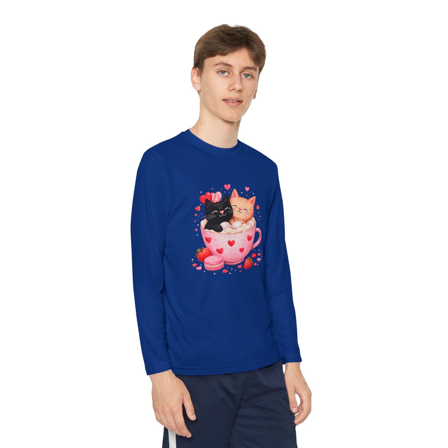 Kids Long Sleeve Tee — Cute Kittens in Heart Teacup Valentine Shirt - FloofChonk