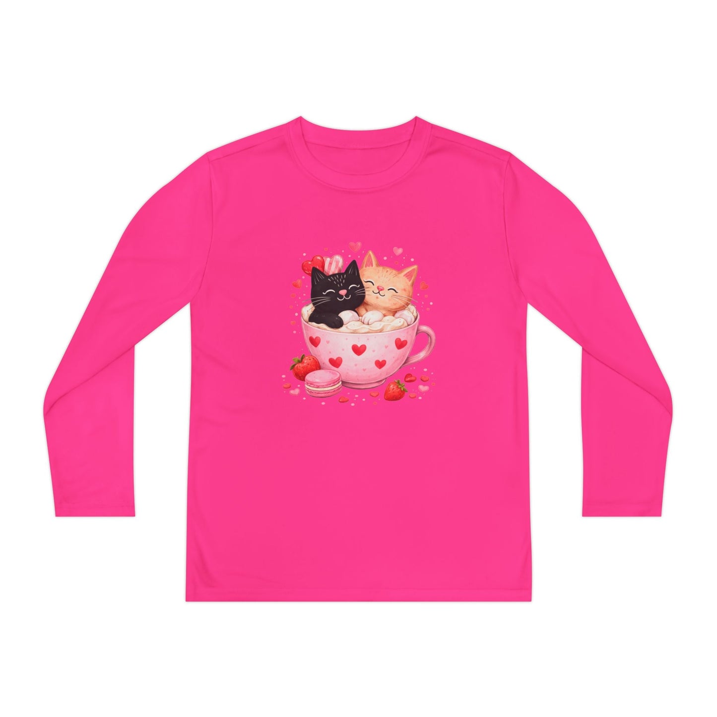 Kids Long Sleeve Tee — Cute Kittens in Heart Teacup Valentine Shirt - FloofChonk