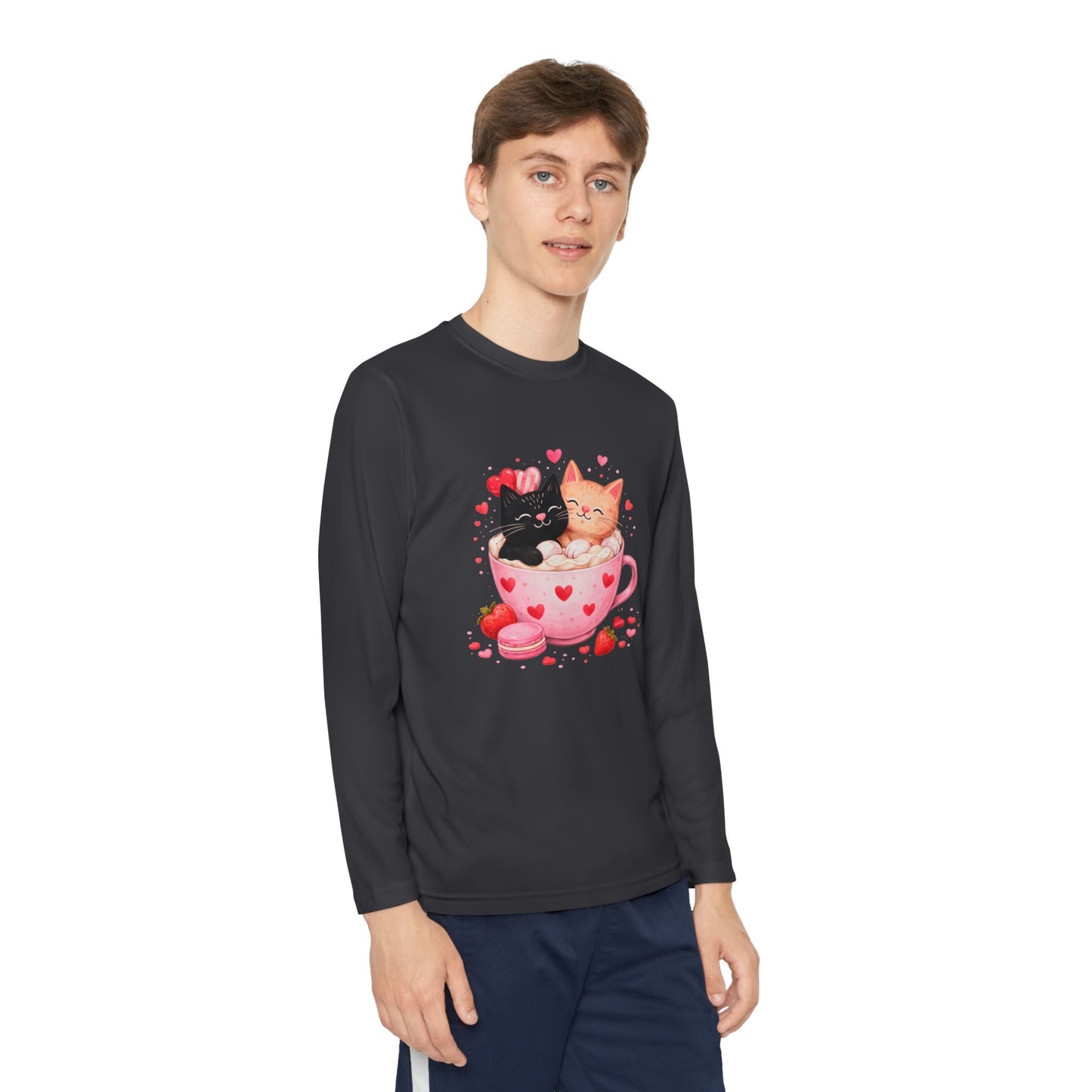 Kids Long Sleeve Tee — Cute Kittens in Heart Teacup Valentine Shirt - FloofChonk