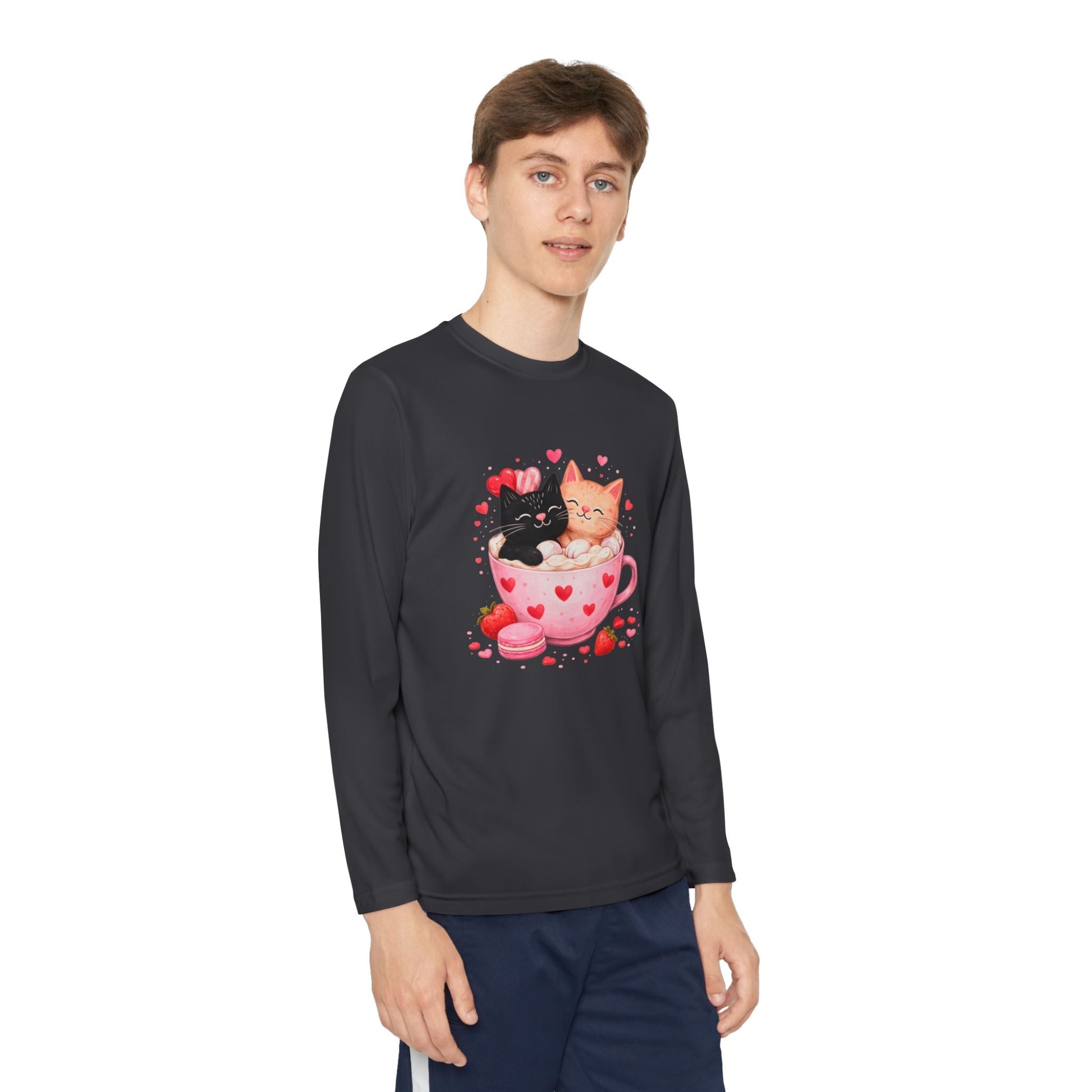 Kids Long Sleeve Tee — Cute Kittens in Heart Teacup Valentine Shirt - FloofChonk