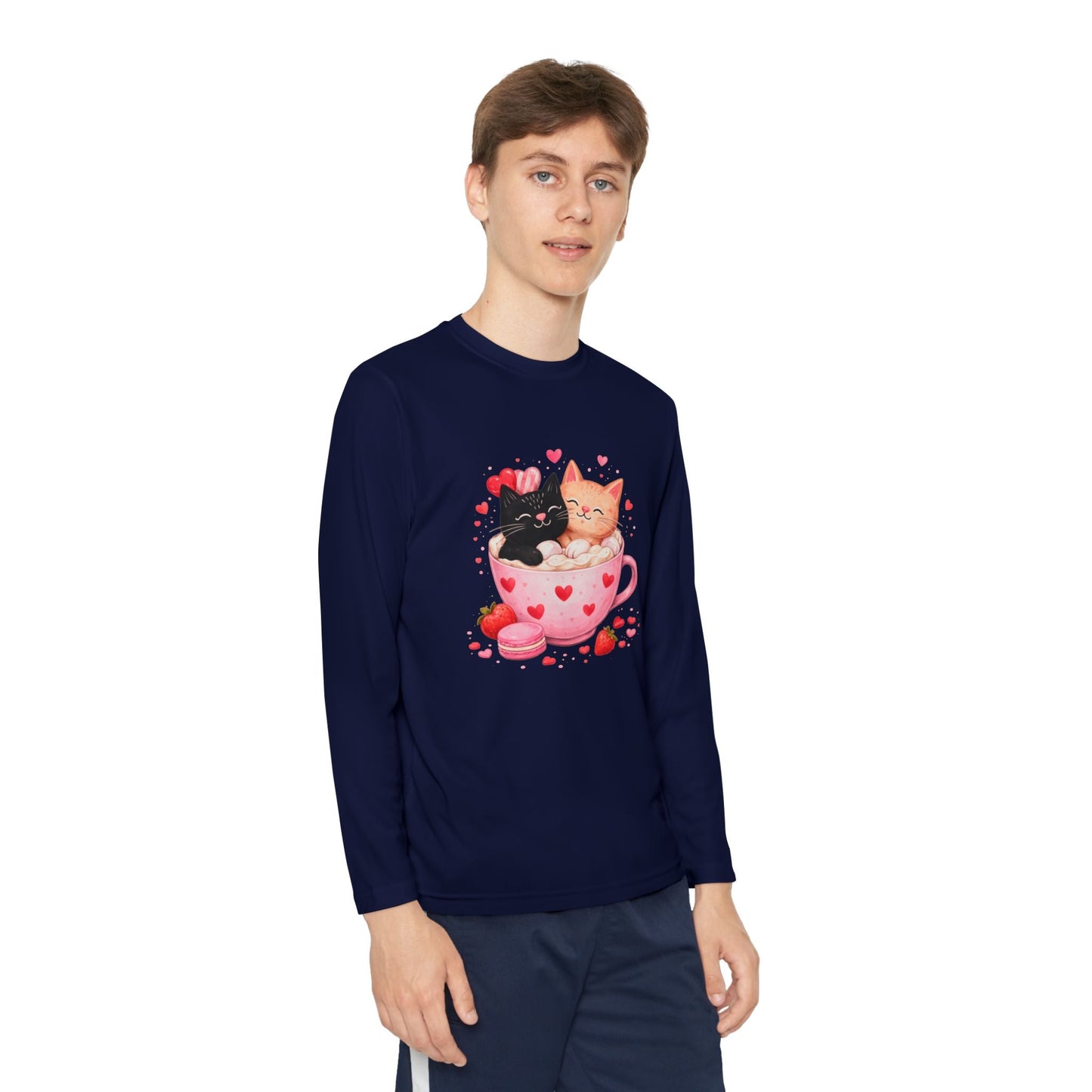 Kids Long Sleeve Tee — Cute Kittens in Heart Teacup Valentine Shirt - FloofChonk