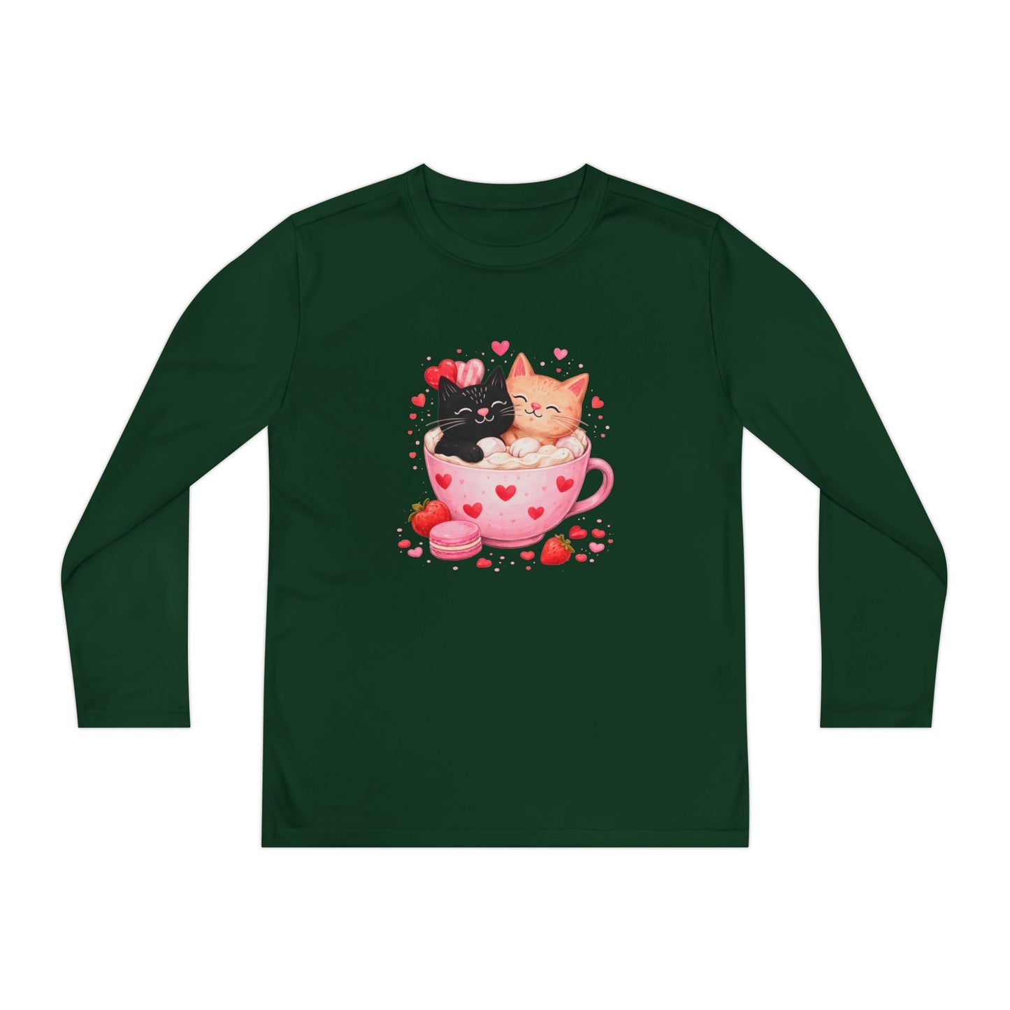 Kids Long Sleeve Tee — Cute Kittens in Heart Teacup Valentine Shirt - FloofChonk