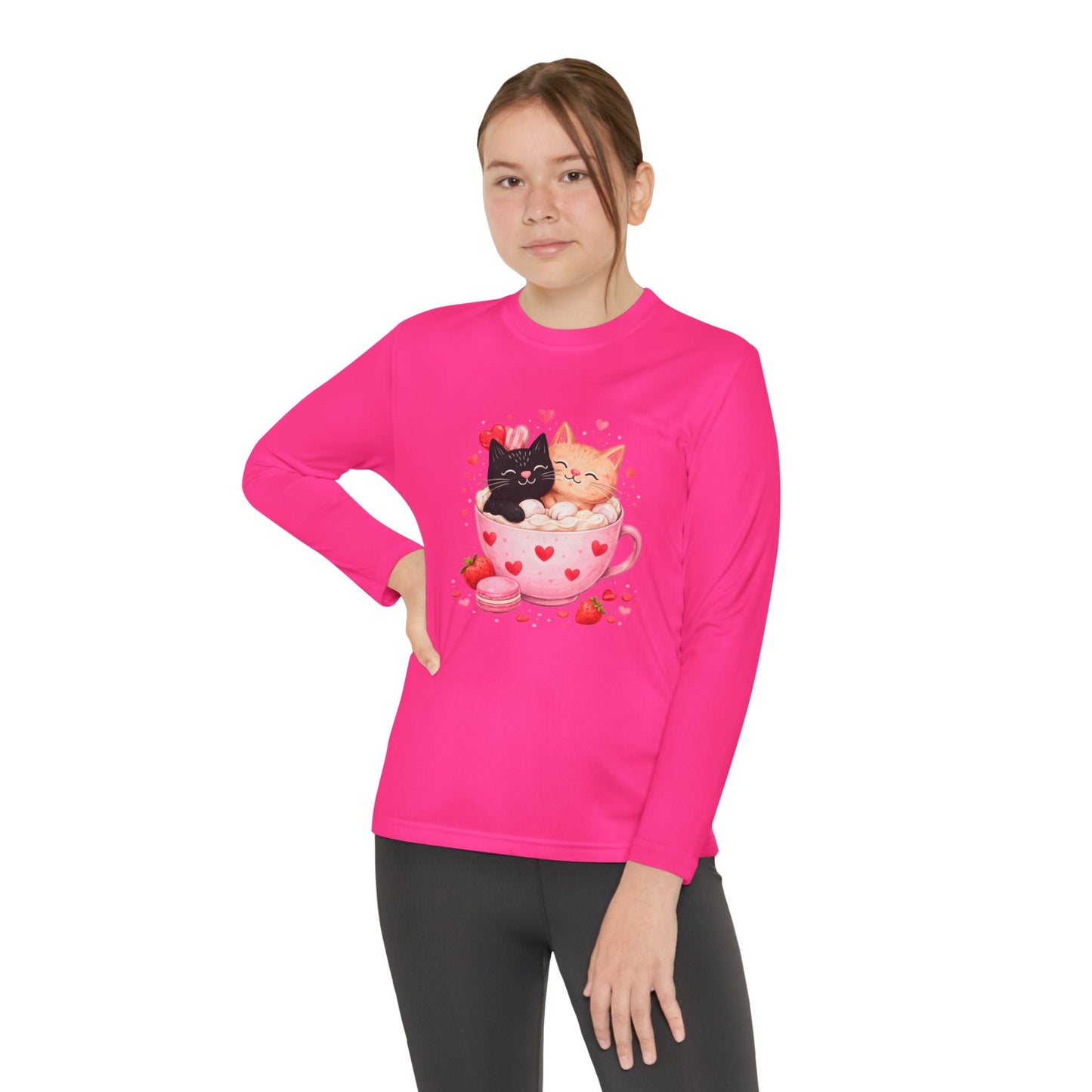 Kids Long Sleeve Tee — Cute Kittens in Heart Teacup Valentine Shirt - FloofChonk