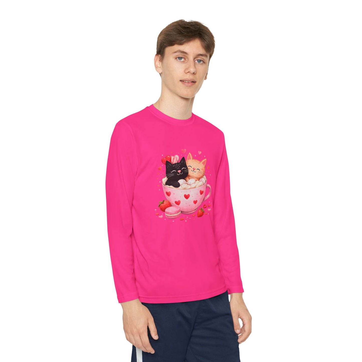 Kids Long Sleeve Tee — Cute Kittens in Heart Teacup Valentine Shirt - FloofChonk