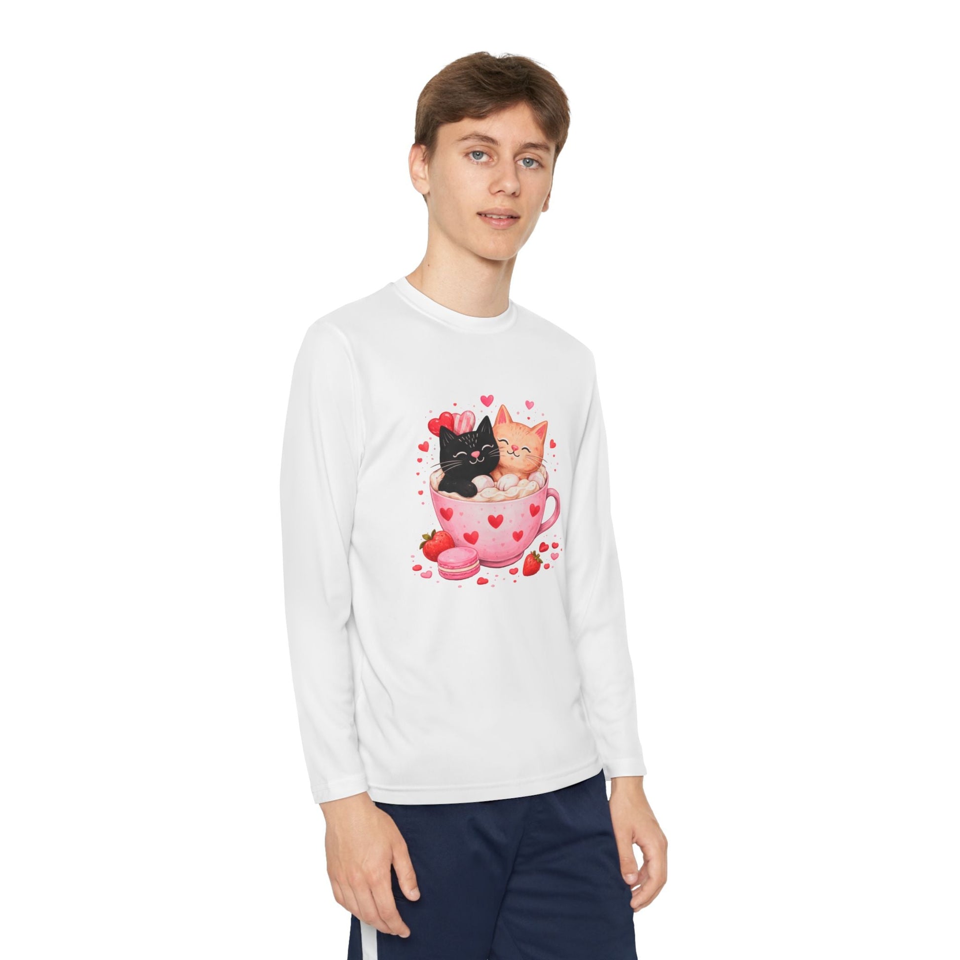 Kids Long Sleeve Tee — Cute Kittens in Heart Teacup Valentine Shirt - FloofChonk