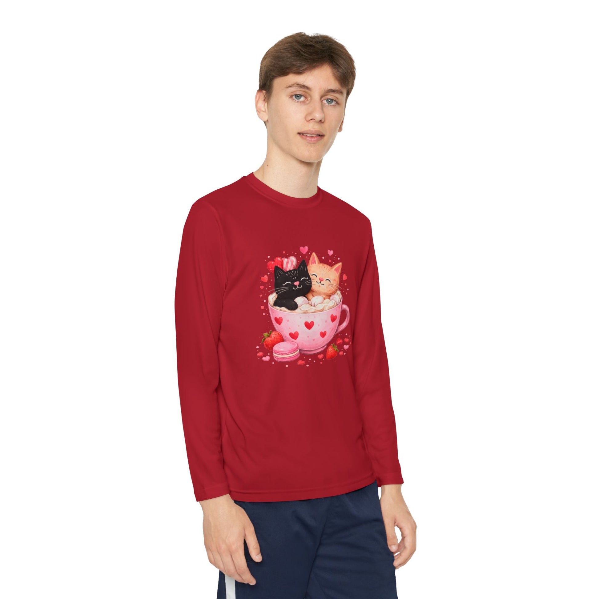 Kids Long Sleeve Tee — Cute Kittens in Heart Teacup Valentine Shirt - FloofChonk