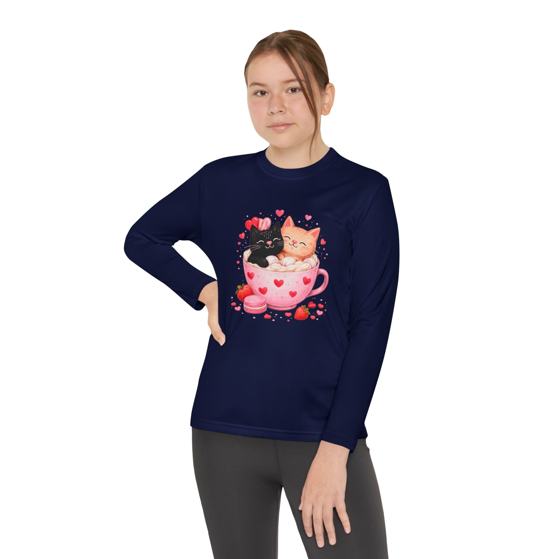 Kids Long Sleeve Tee — Cute Kittens in Heart Teacup Valentine Shirt - FloofChonk