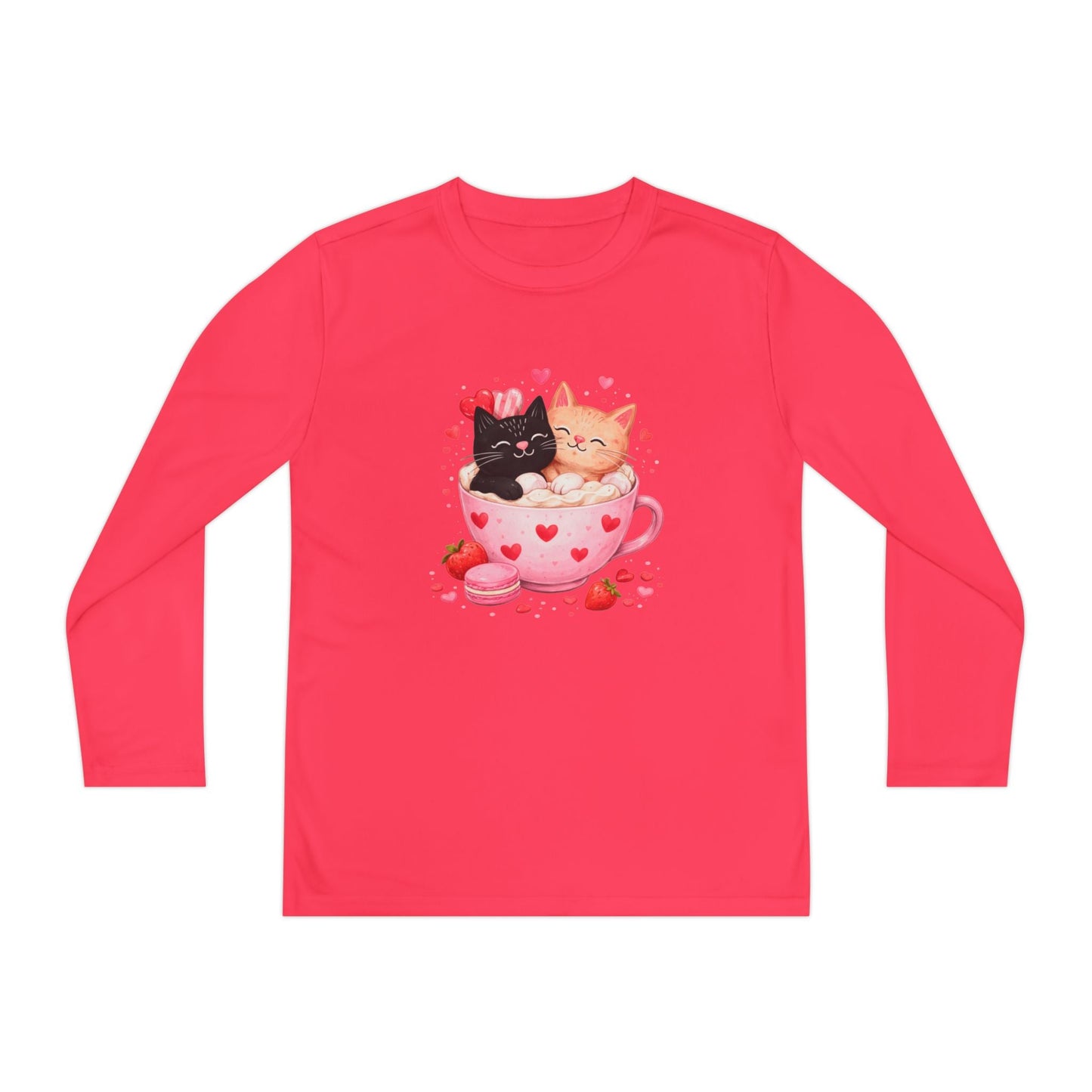 Kids Long Sleeve Tee — Cute Kittens in Heart Teacup Valentine Shirt - FloofChonk