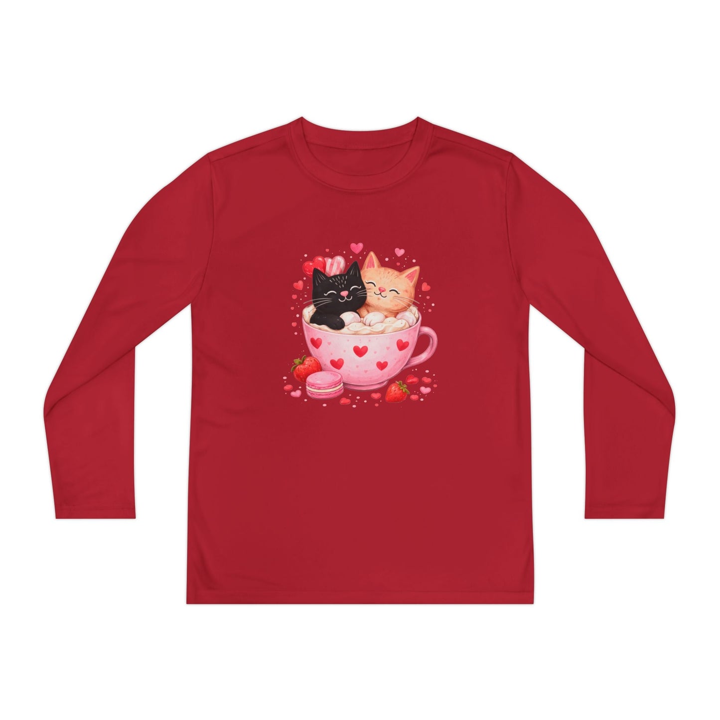 Kids Long Sleeve Tee — Cute Kittens in Heart Teacup Valentine Shirt - FloofChonk