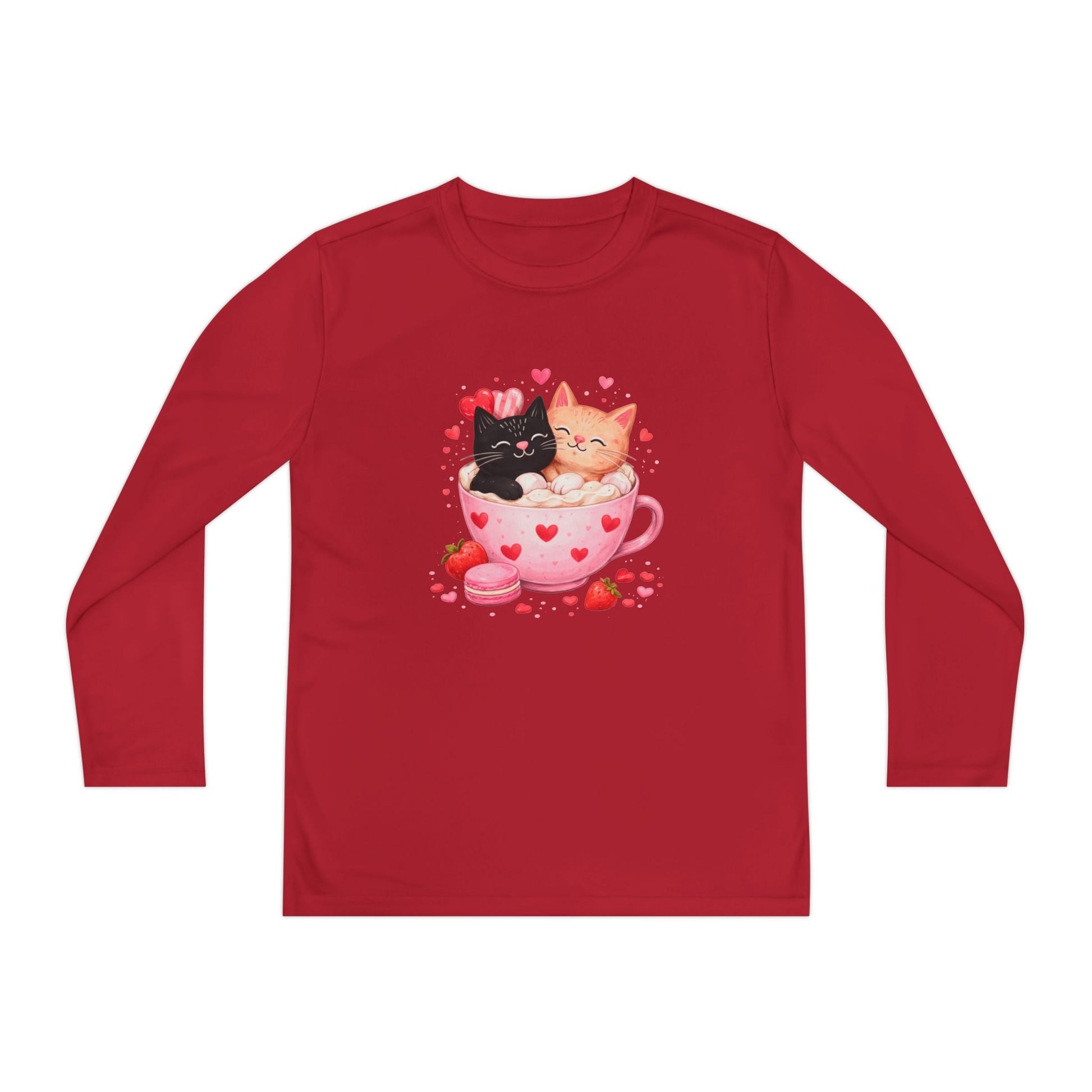 Kids Long Sleeve Tee — Cute Kittens in Heart Teacup Valentine Shirt - FloofChonk