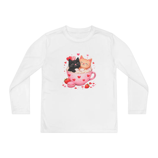 Kids Long Sleeve Tee — Cute Kittens in Heart Teacup Valentine Shirt - FloofChonk