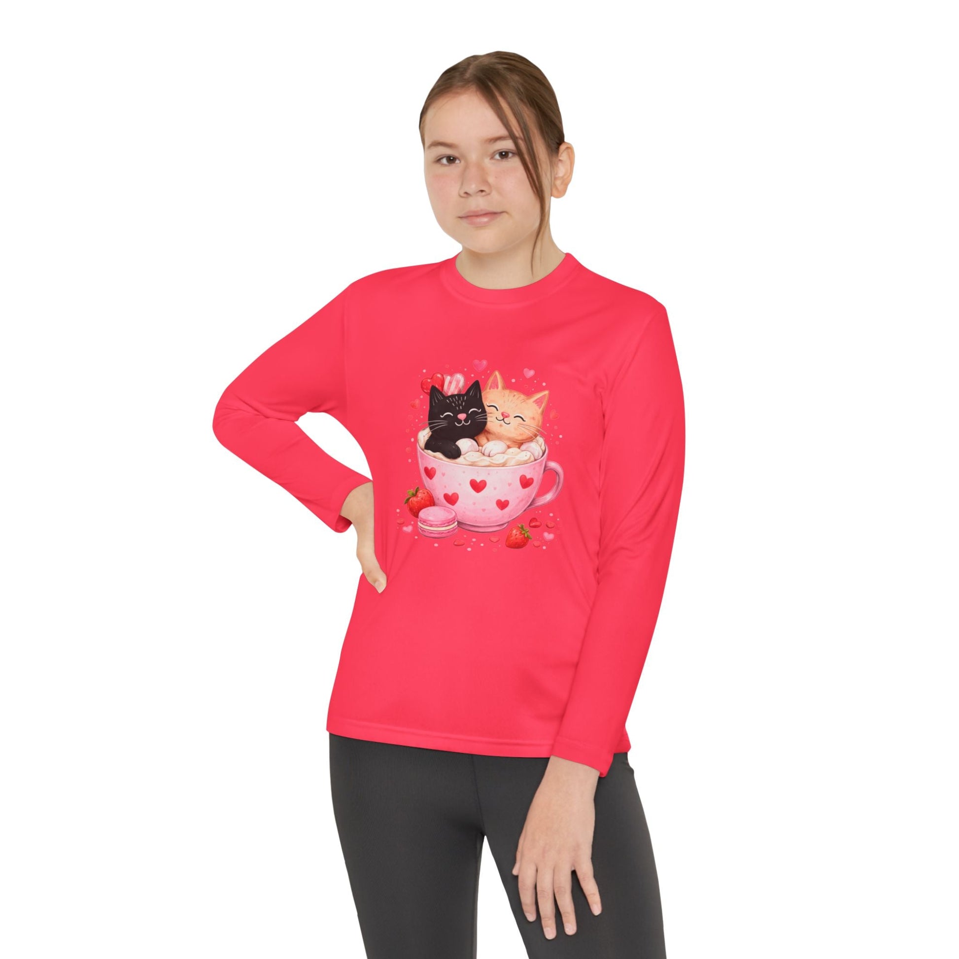 Kids Long Sleeve Tee — Cute Kittens in Heart Teacup Valentine Shirt - FloofChonk