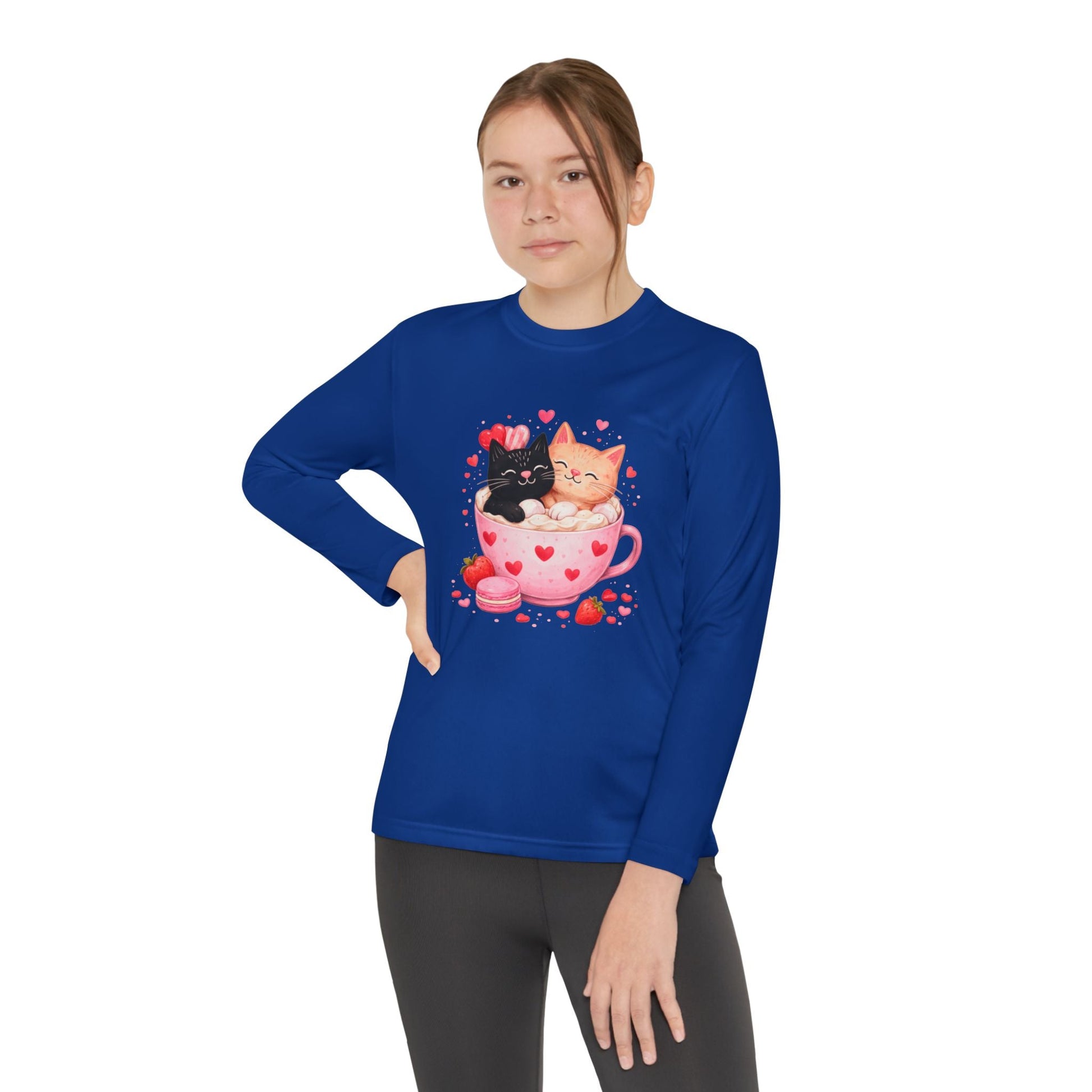Kids Long Sleeve Tee — Cute Kittens in Heart Teacup Valentine Shirt - FloofChonk
