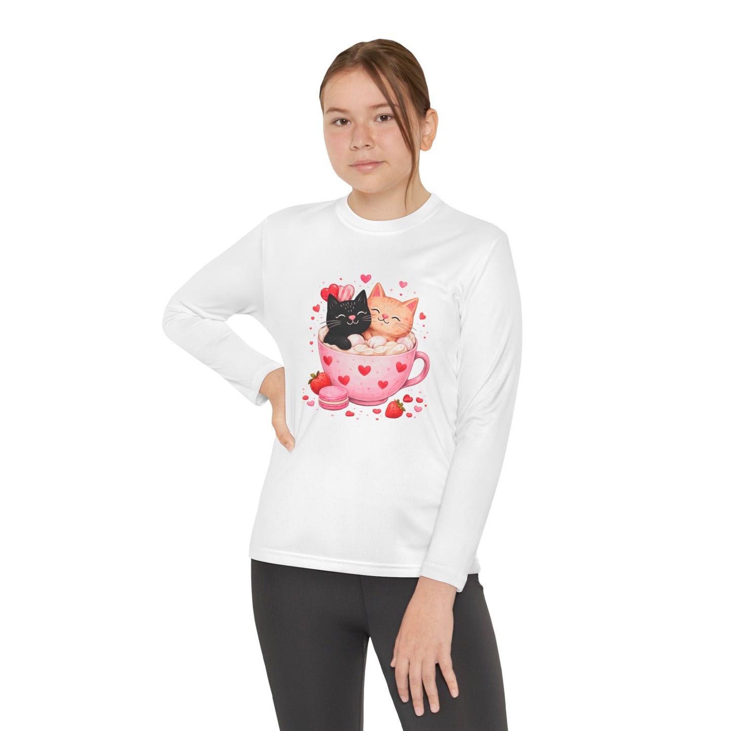 Kids Long Sleeve Tee — Cute Kittens in Heart Teacup Valentine Shirt - FloofChonk
