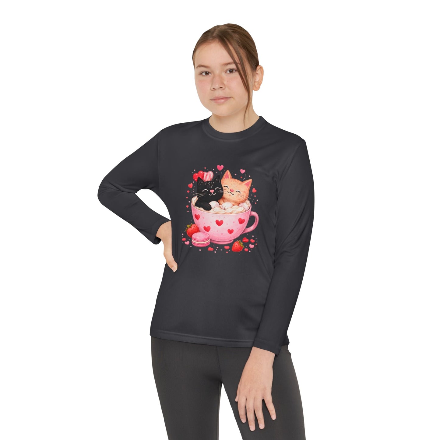 Kids Long Sleeve Tee — Cute Kittens in Heart Teacup Valentine Shirt - FloofChonk