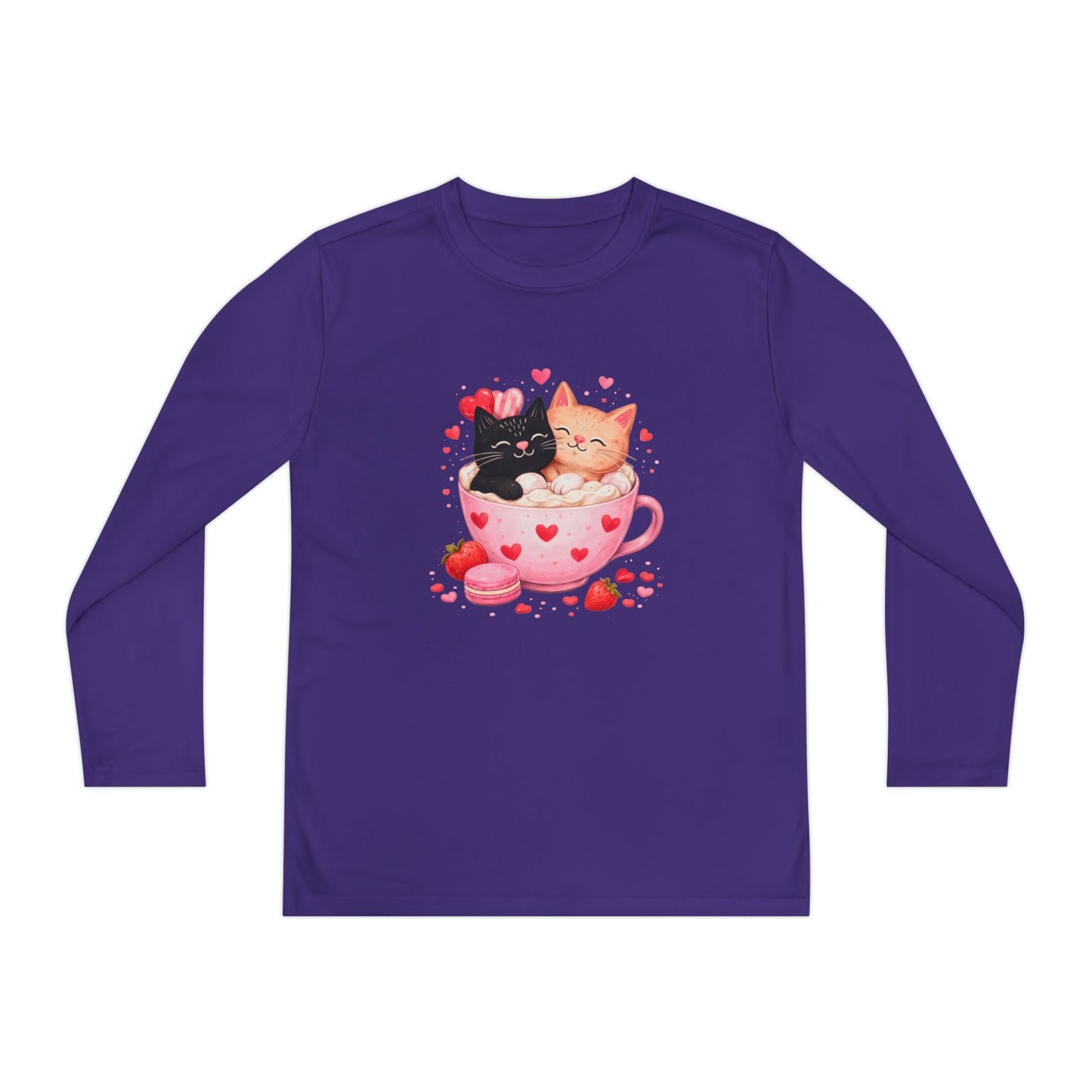 Kids Long Sleeve Tee — Cute Kittens in Heart Teacup Valentine Shirt - FloofChonk