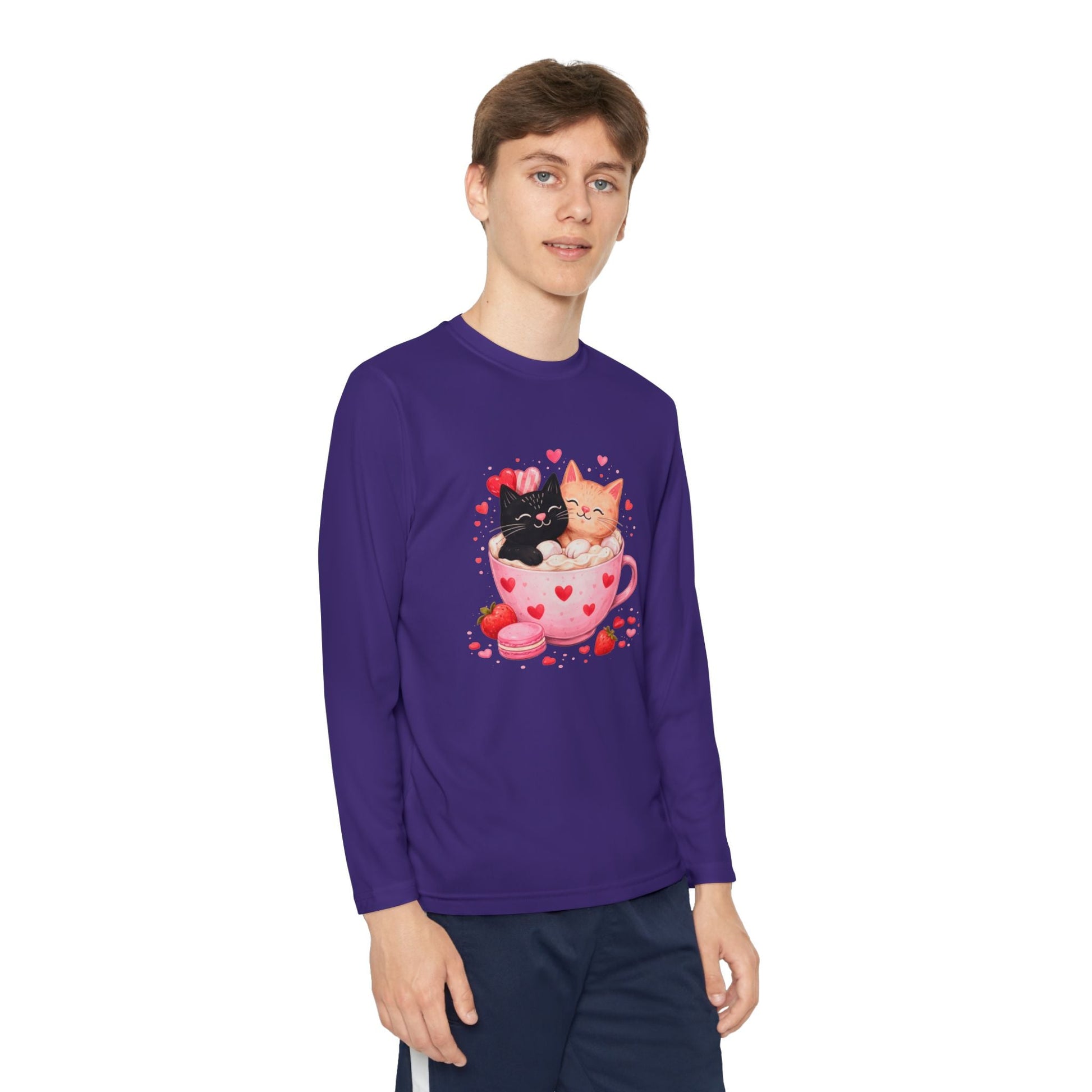 Kids Long Sleeve Tee — Cute Kittens in Heart Teacup Valentine Shirt - FloofChonk